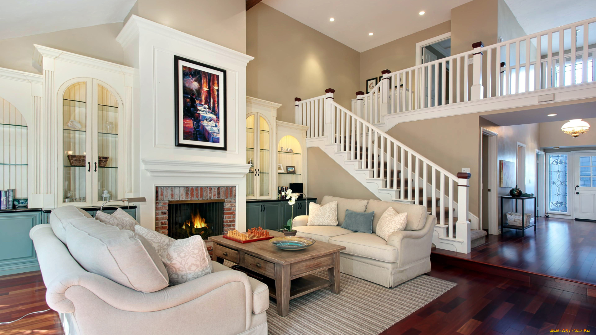 интерьер, гостиная, камин, мягкий, уголок, шахматы, лестница