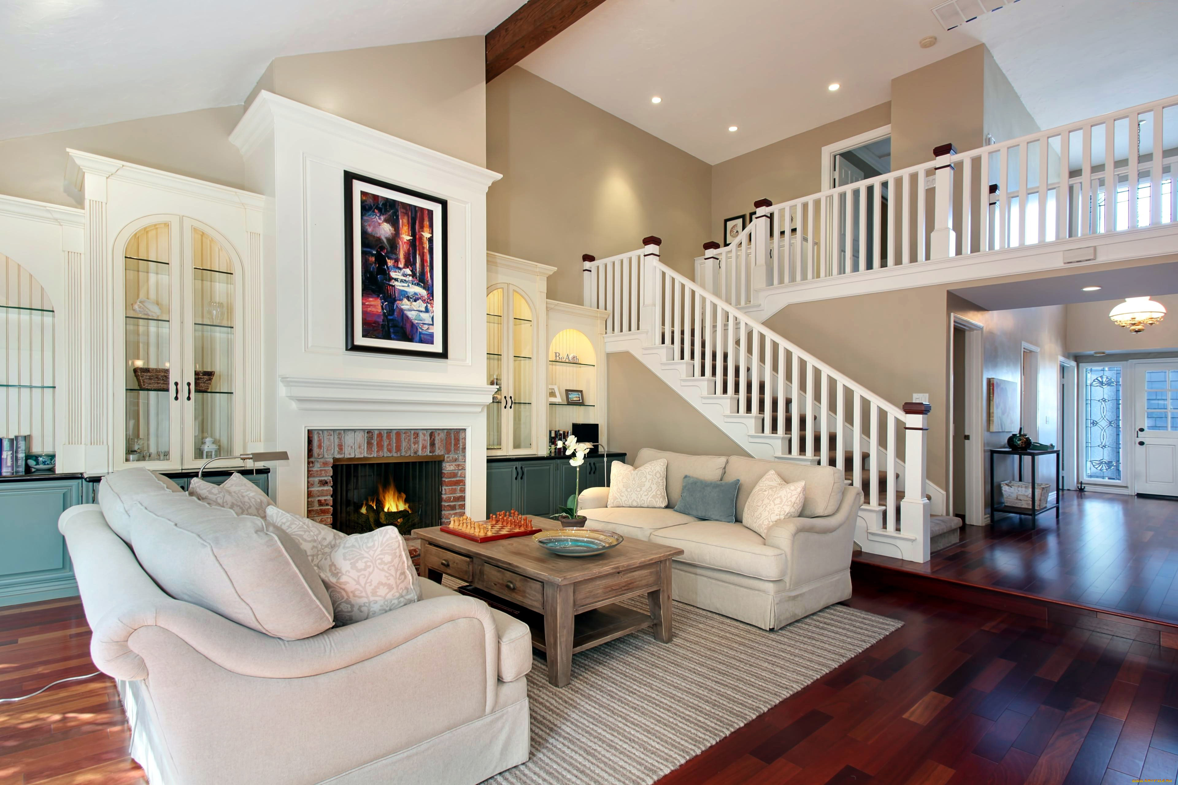 интерьер, гостиная, камин, мягкий, уголок, шахматы, лестница