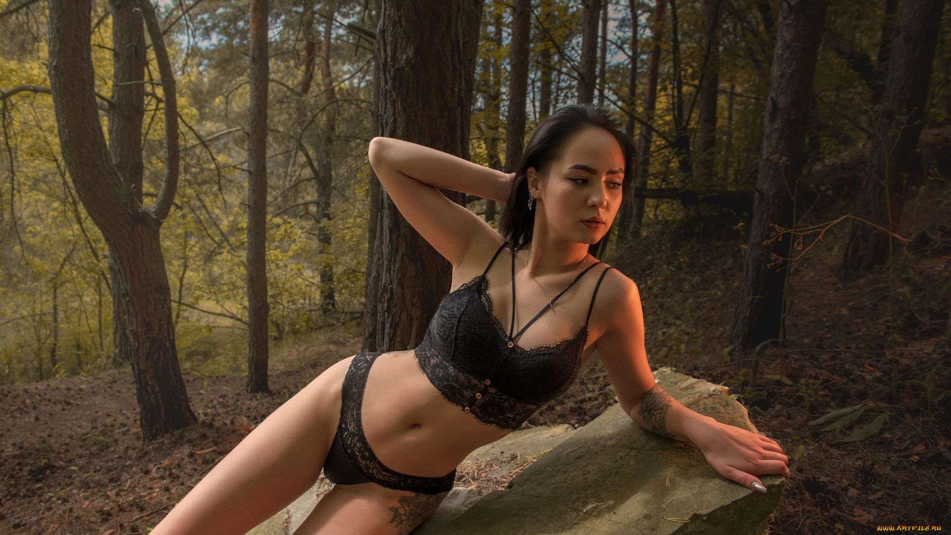 девушки, -, азиатки, лес, камень, кружевное, черное, белье