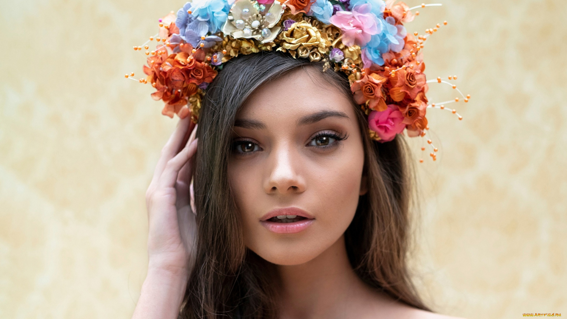 девушки, -, лица, , портреты, шатенка, венок