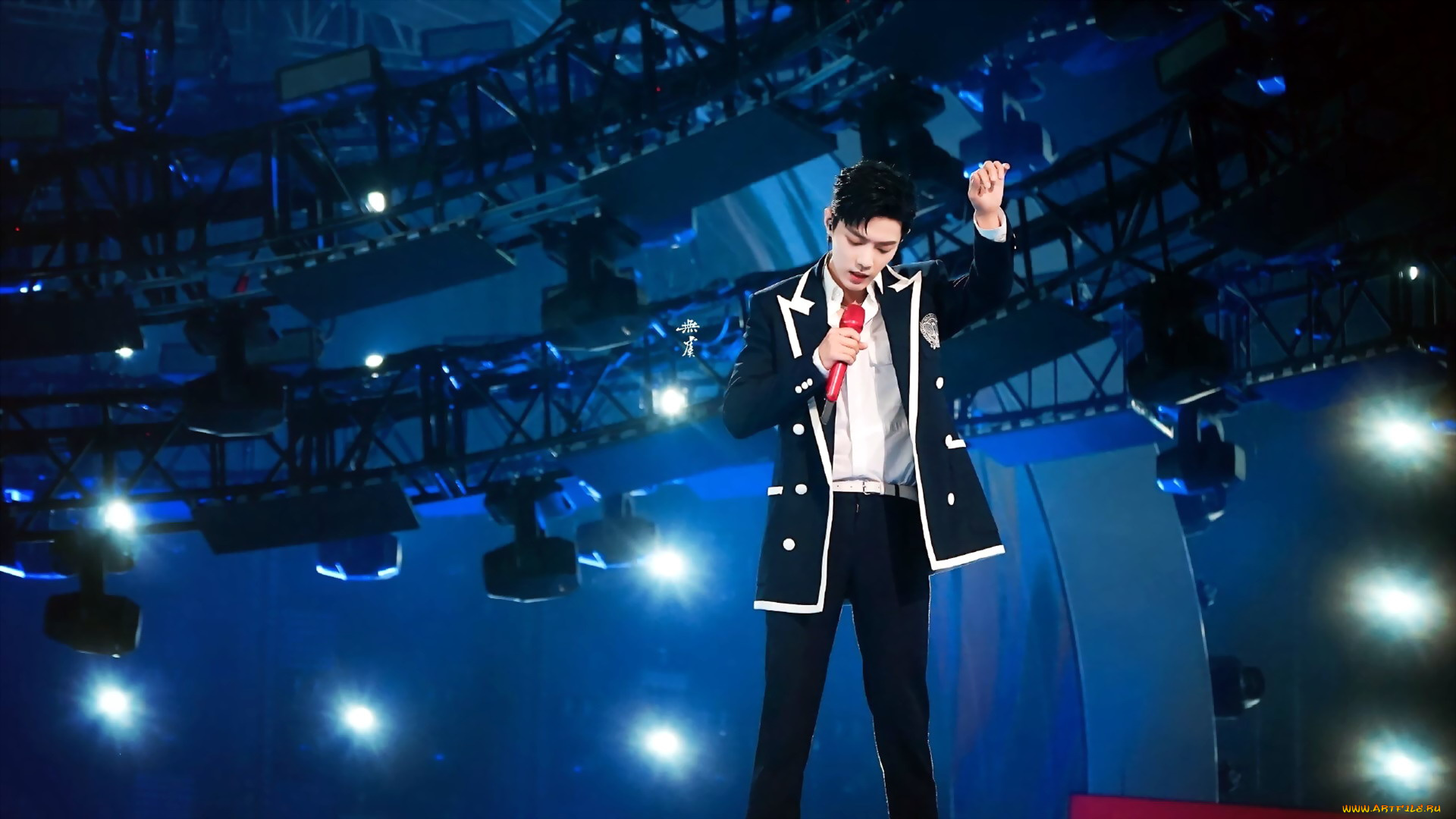 мужчины, xiao, zhan, актер, певец, микрофон, пиджак, софиты