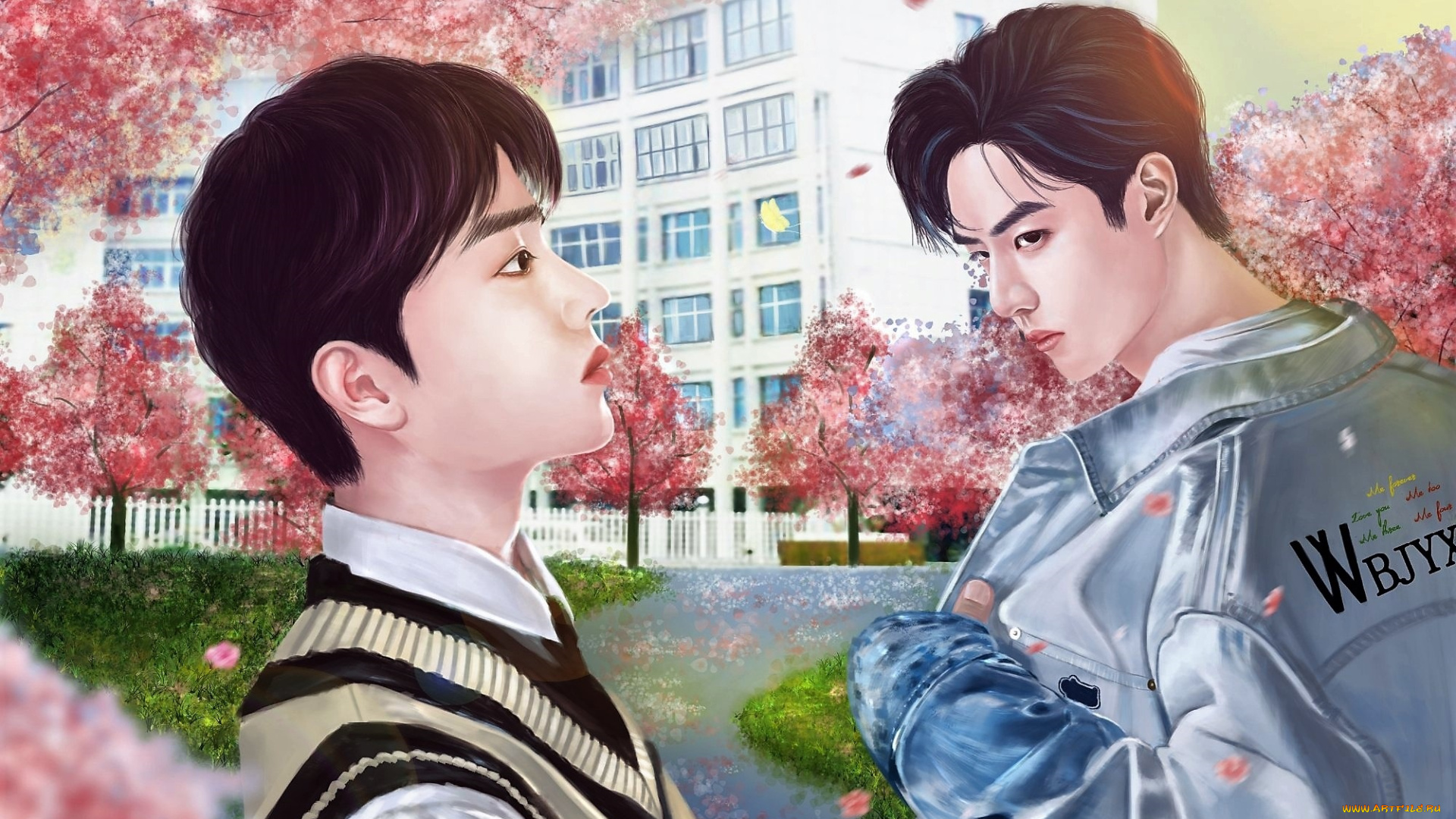 рисованное, люди, парни, школа, деревья, цветение