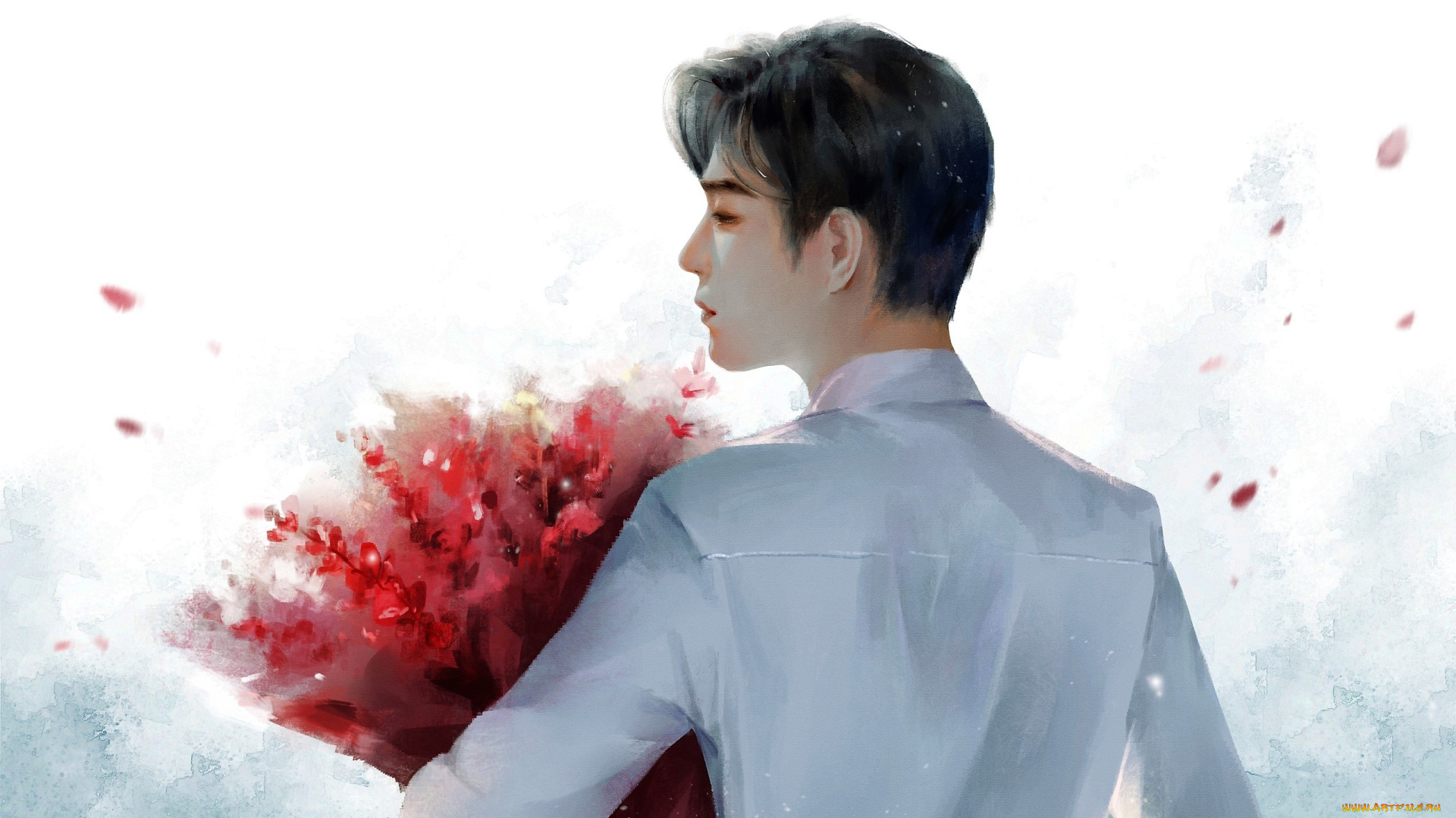 рисованное, люди, сяо, джан, цветы, букет