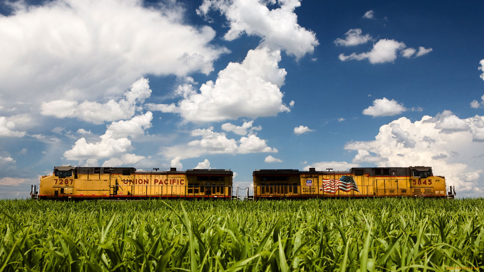 техника, поезда, поезд, поле, небо, облака