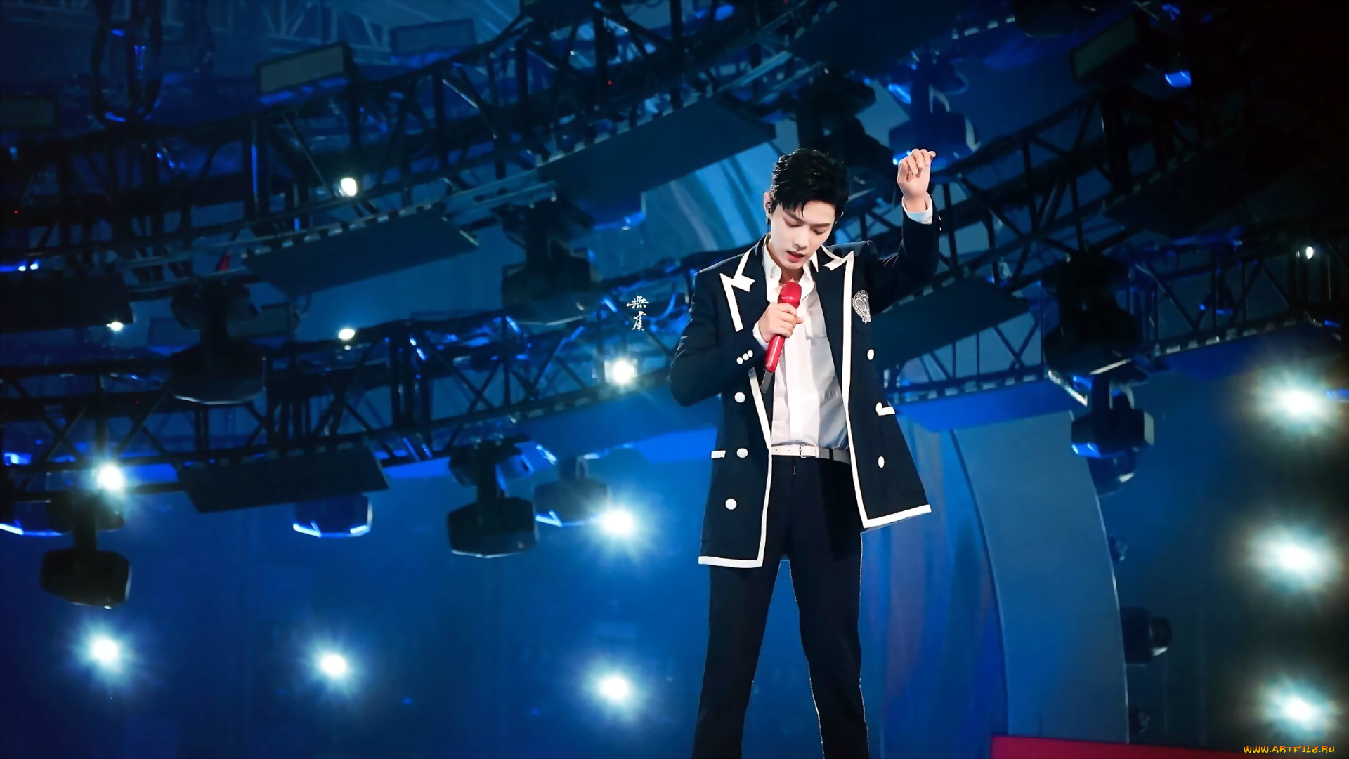 мужчины, xiao, zhan, актер, певец, микрофон, пиджак, софиты