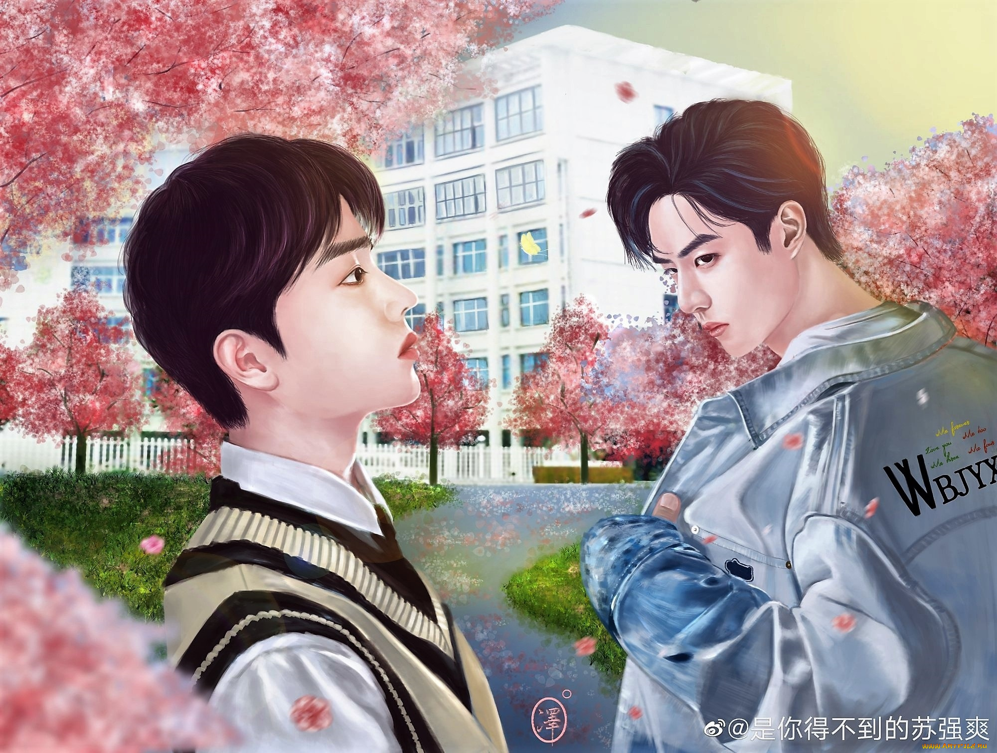 рисованное, люди, парни, школа, деревья, цветение