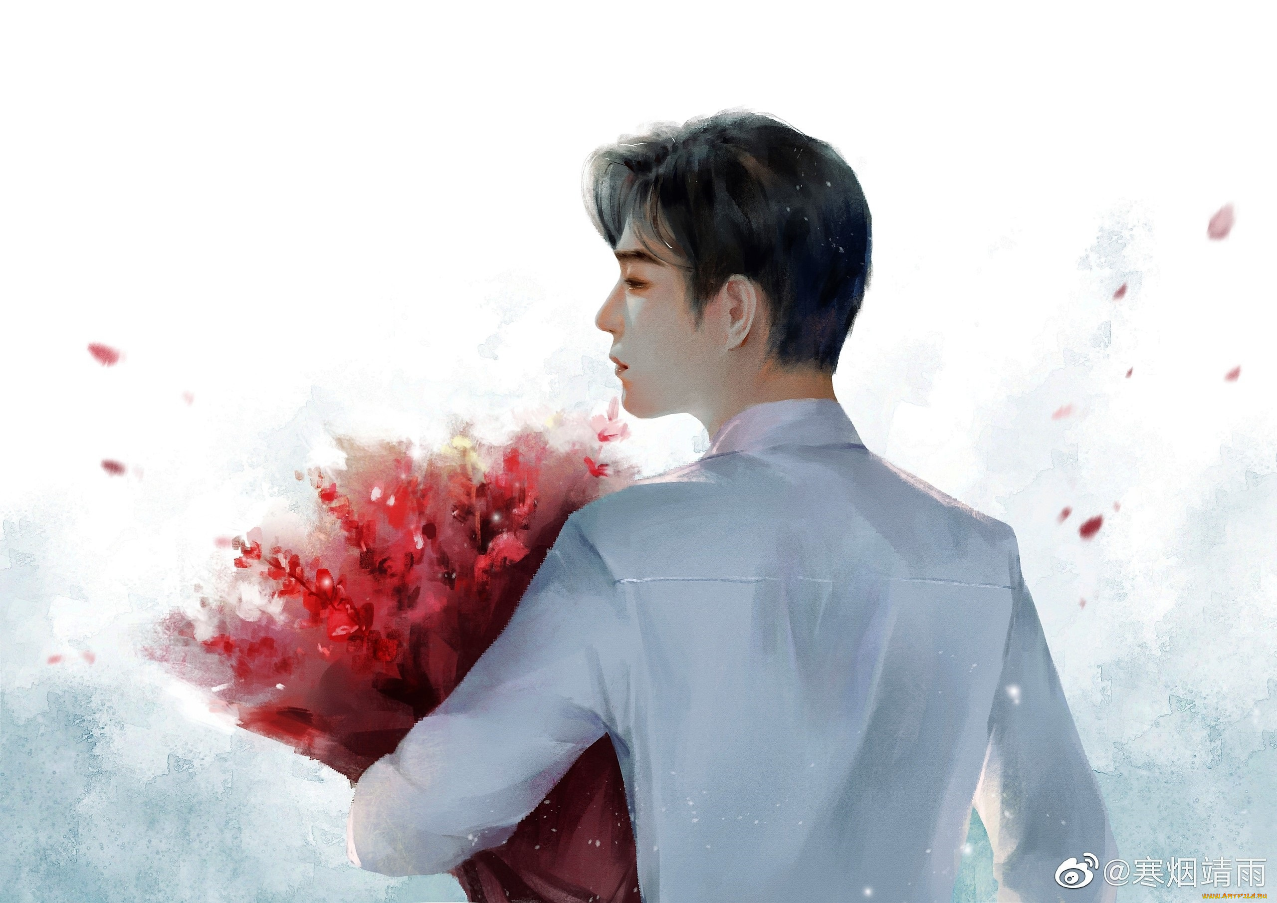 рисованное, люди, сяо, джан, цветы, букет