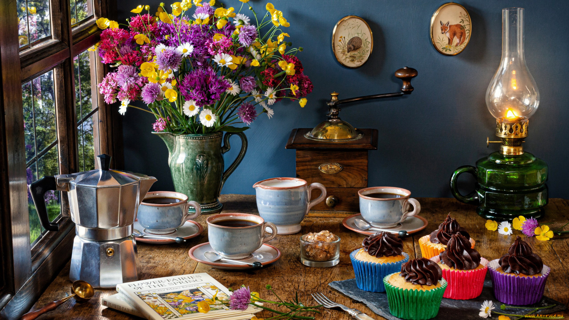 еда, натюрморт, букет, кофемолка, кофейник, капкейки, кексы, кофе