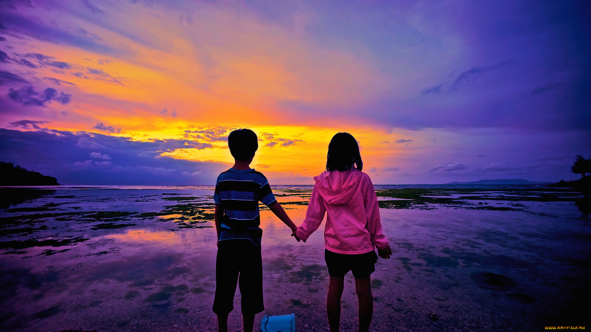 разное, дети, мальчик, девочка, море, закат