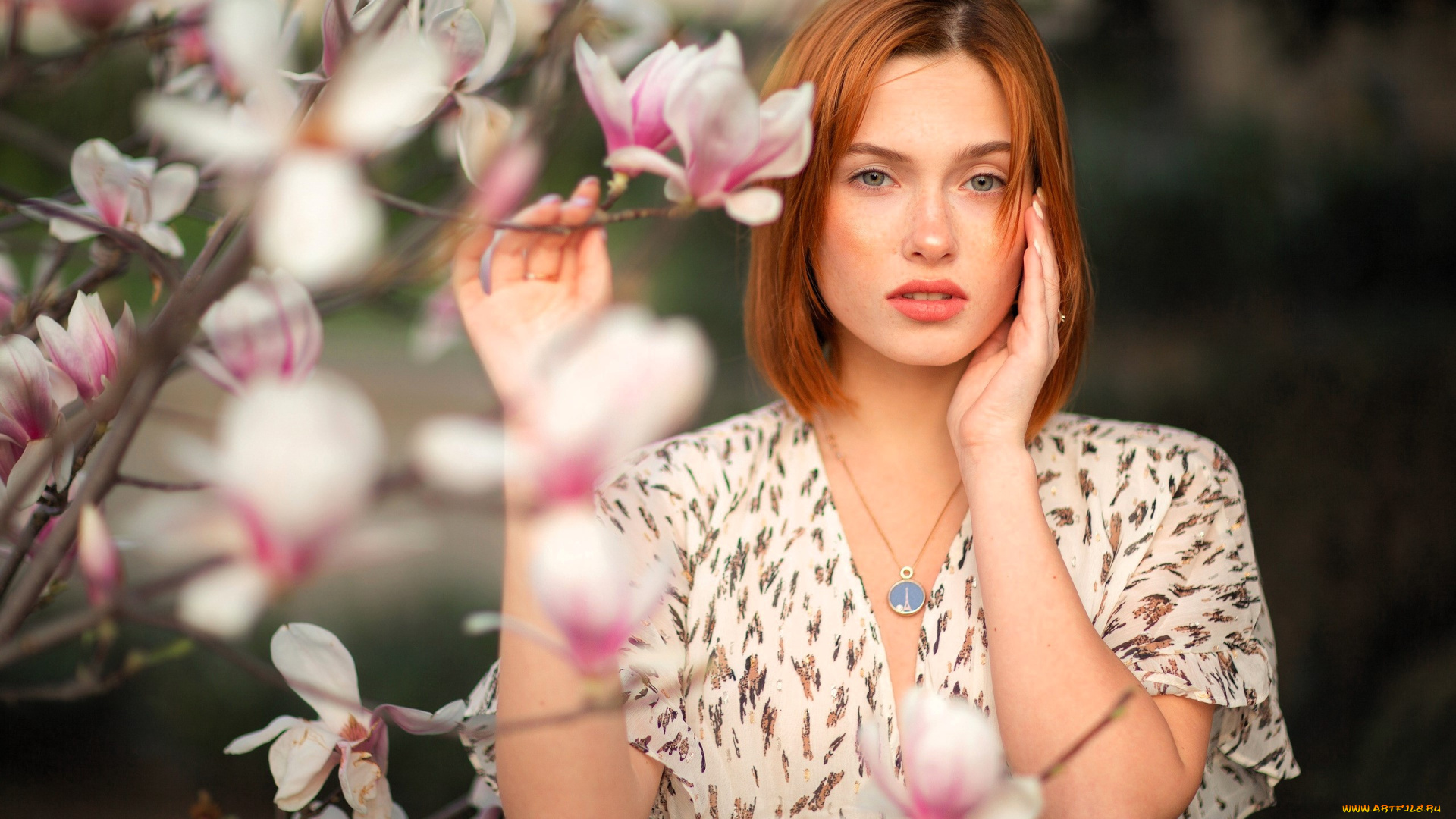 девушки, -, рыжеволосые, и, разноцветные, рыжая, кулон, платье, магнолия