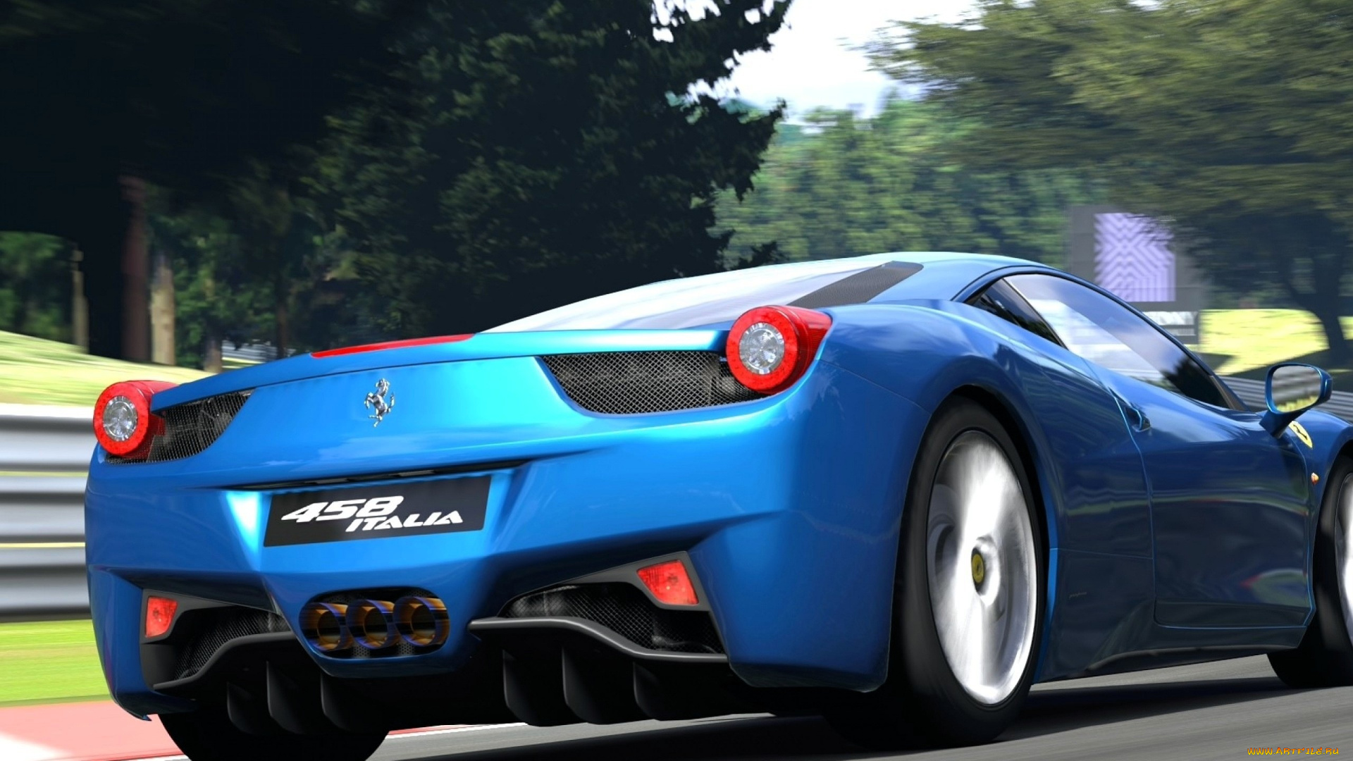 458, автомобили, 3д, синий, скорость, трасса, деревья