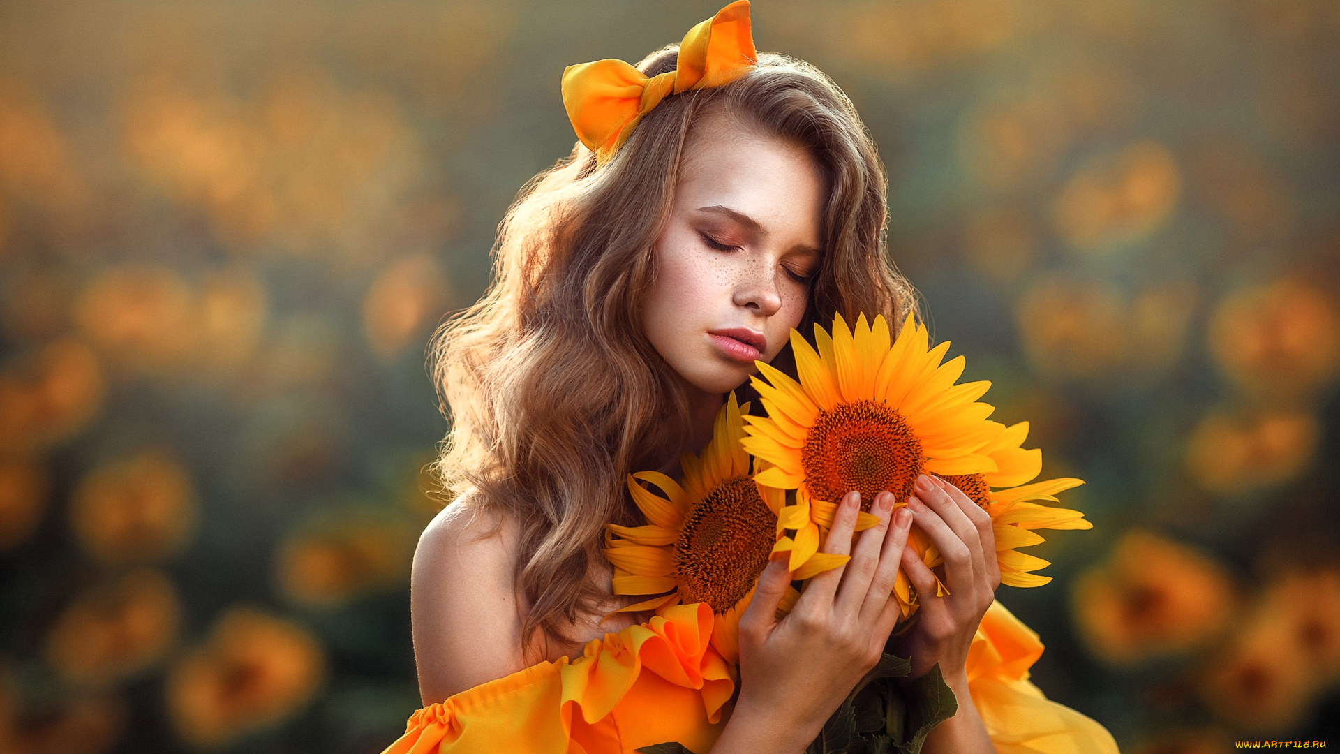 девушки, -, блондинки, , светловолосые, русая, бант, подсолнухи