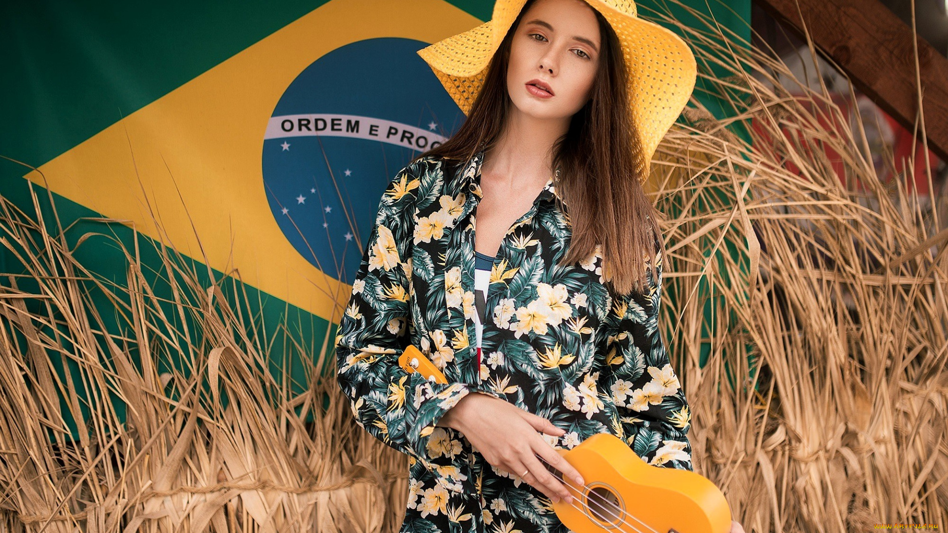 девушки, disha, shemetova, шатенка, шляпа, платье, укулеле, флаг, трава