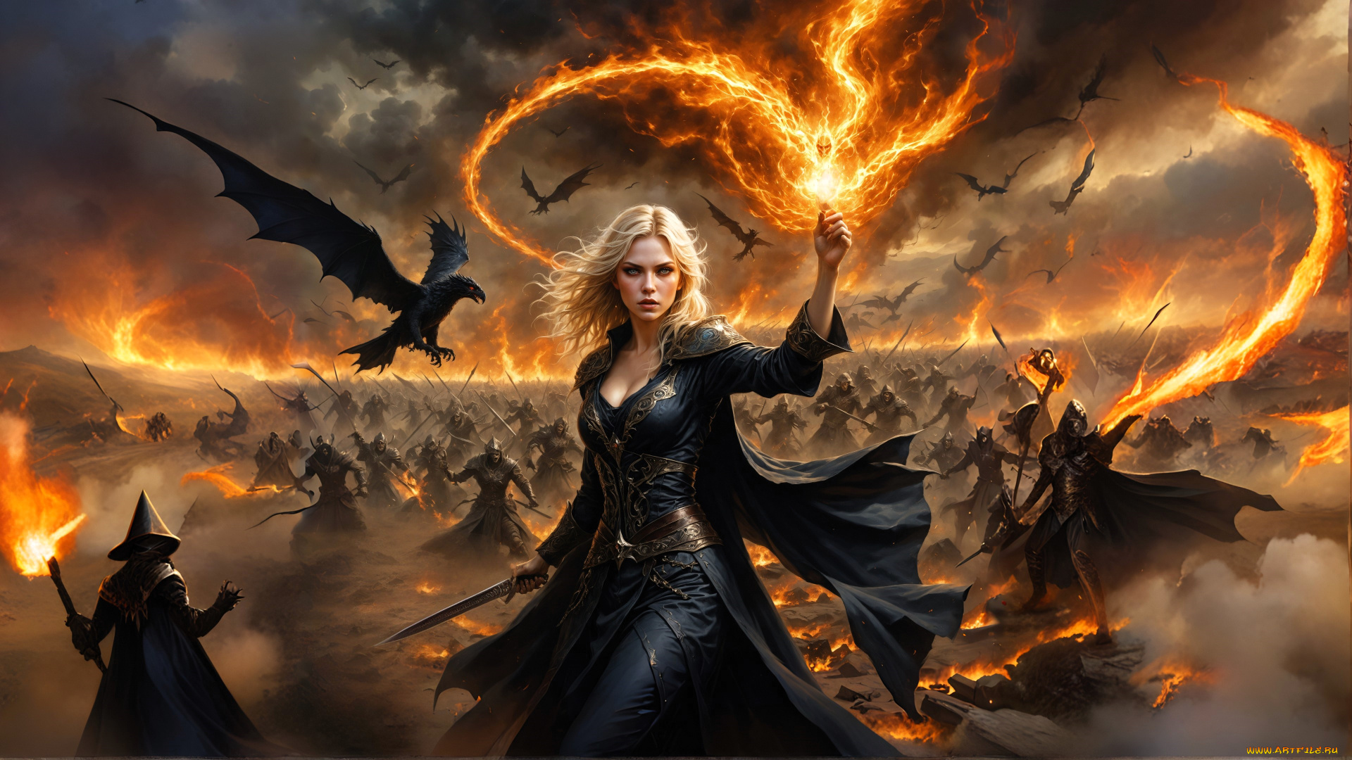 фэнтези, маги, , волшебники, девушка, оружие, магия, огонь, птицы, войско
