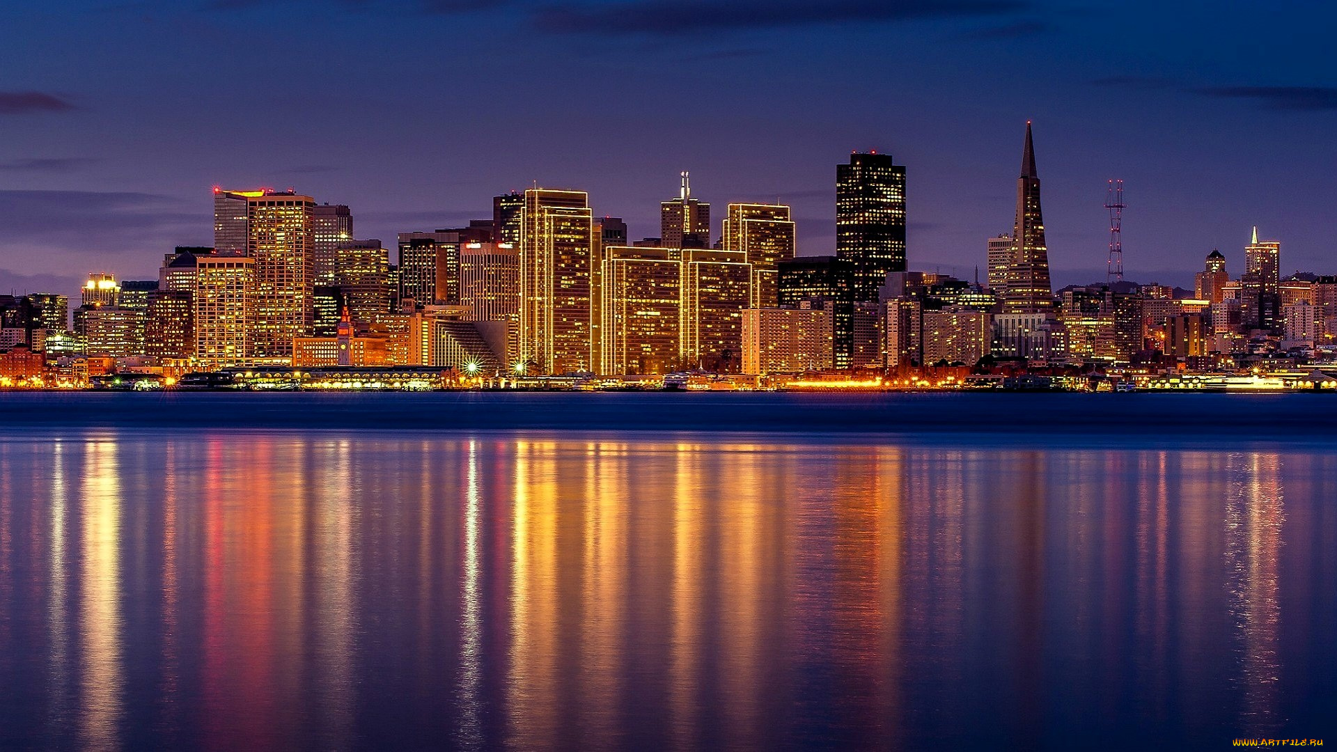 города, сан-франциско, , сша, ночь, огни, панорама, дома, здания, река
