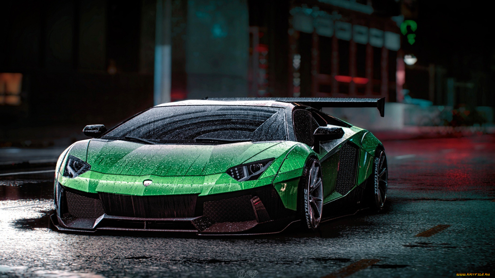 lamborghini, aventador, автомобили, lamborghini, зеленый, капли, лужи, здания