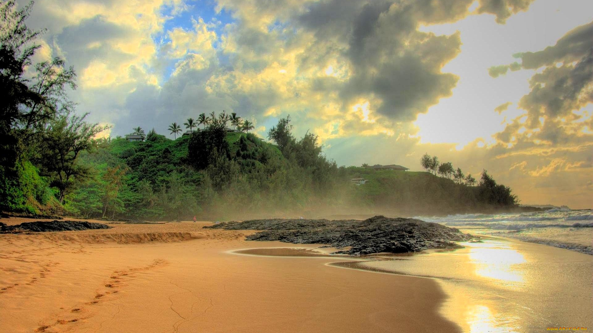 природа, побережье, небо, тучи, горы, лес, море, песок, пляж, берег