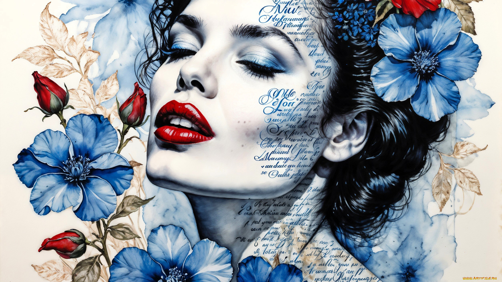 рисованное, люди, девушка, лицо, цветы, надписи