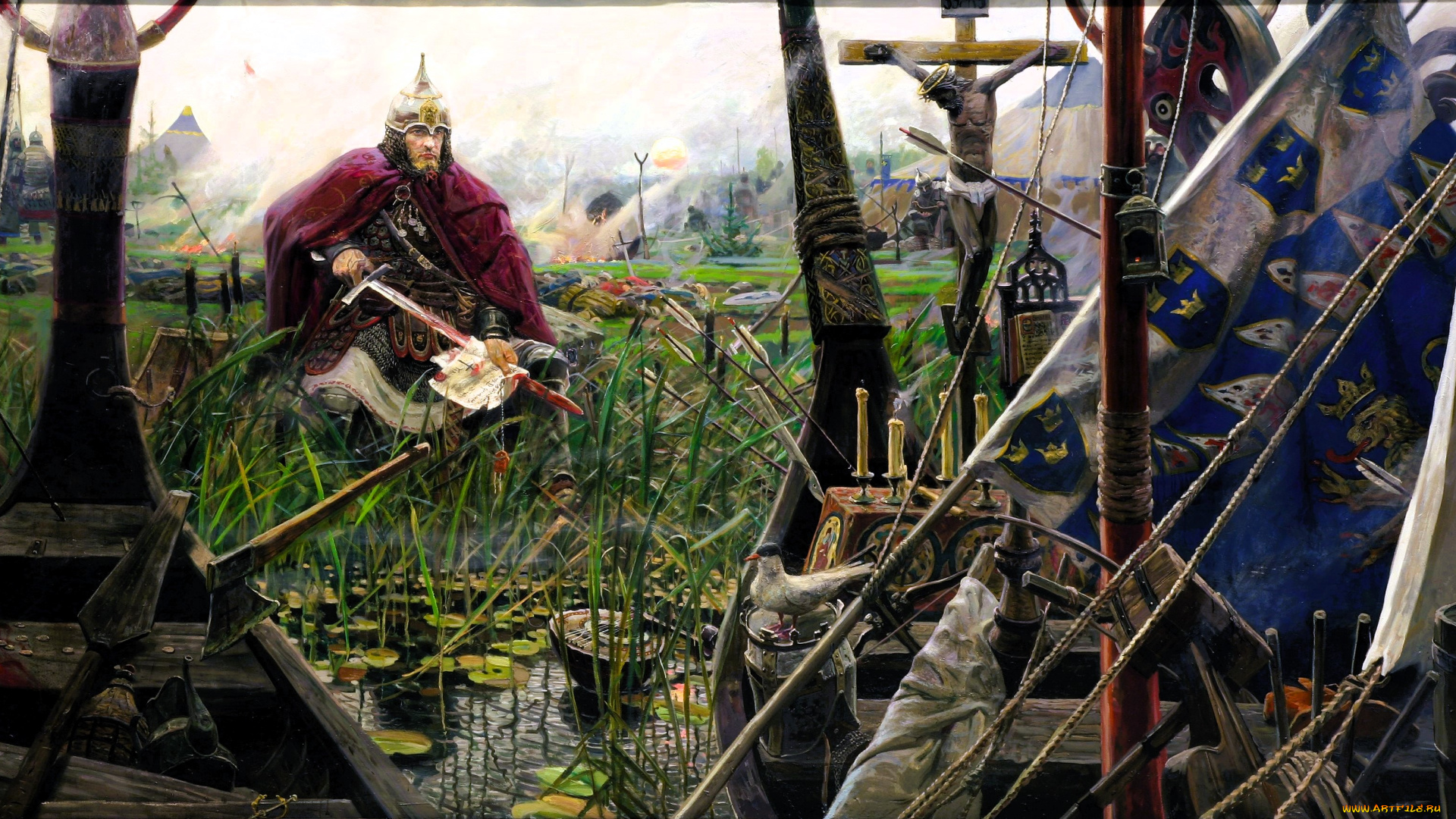 рисованное, павел, рыженко, воин, меч, кровь, трава, лагерь, река, ладьи