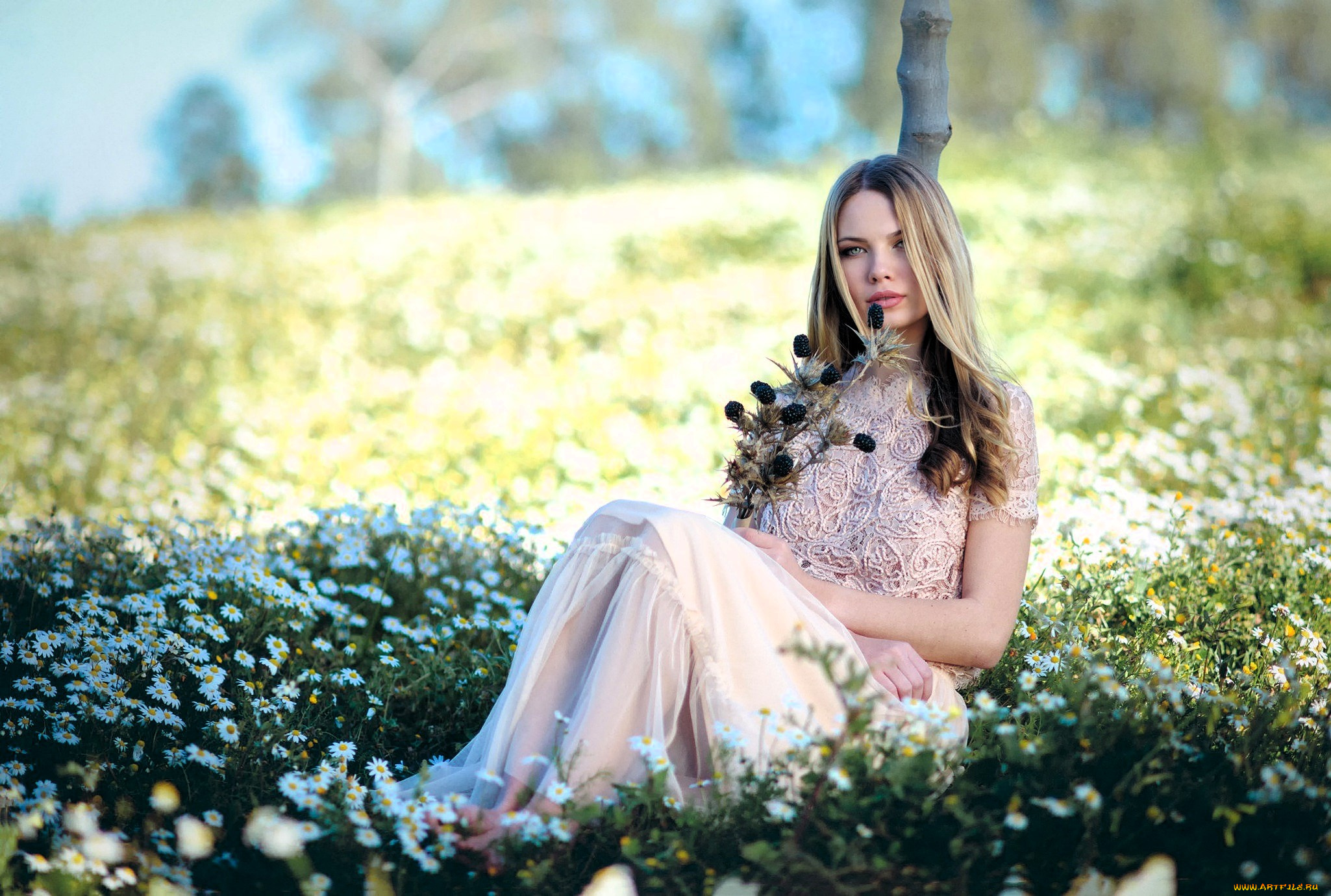 девушки, -, блондинки, , светловолосые, блондинка, платье, поляна, цветы