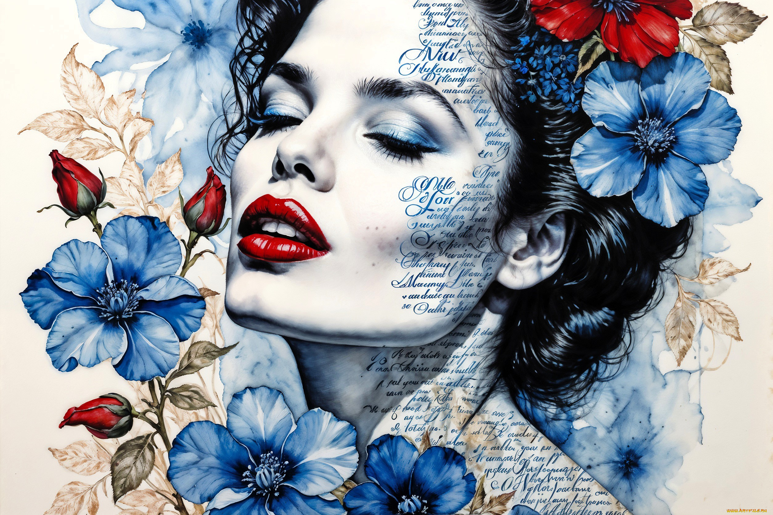рисованное, люди, девушка, лицо, цветы, надписи