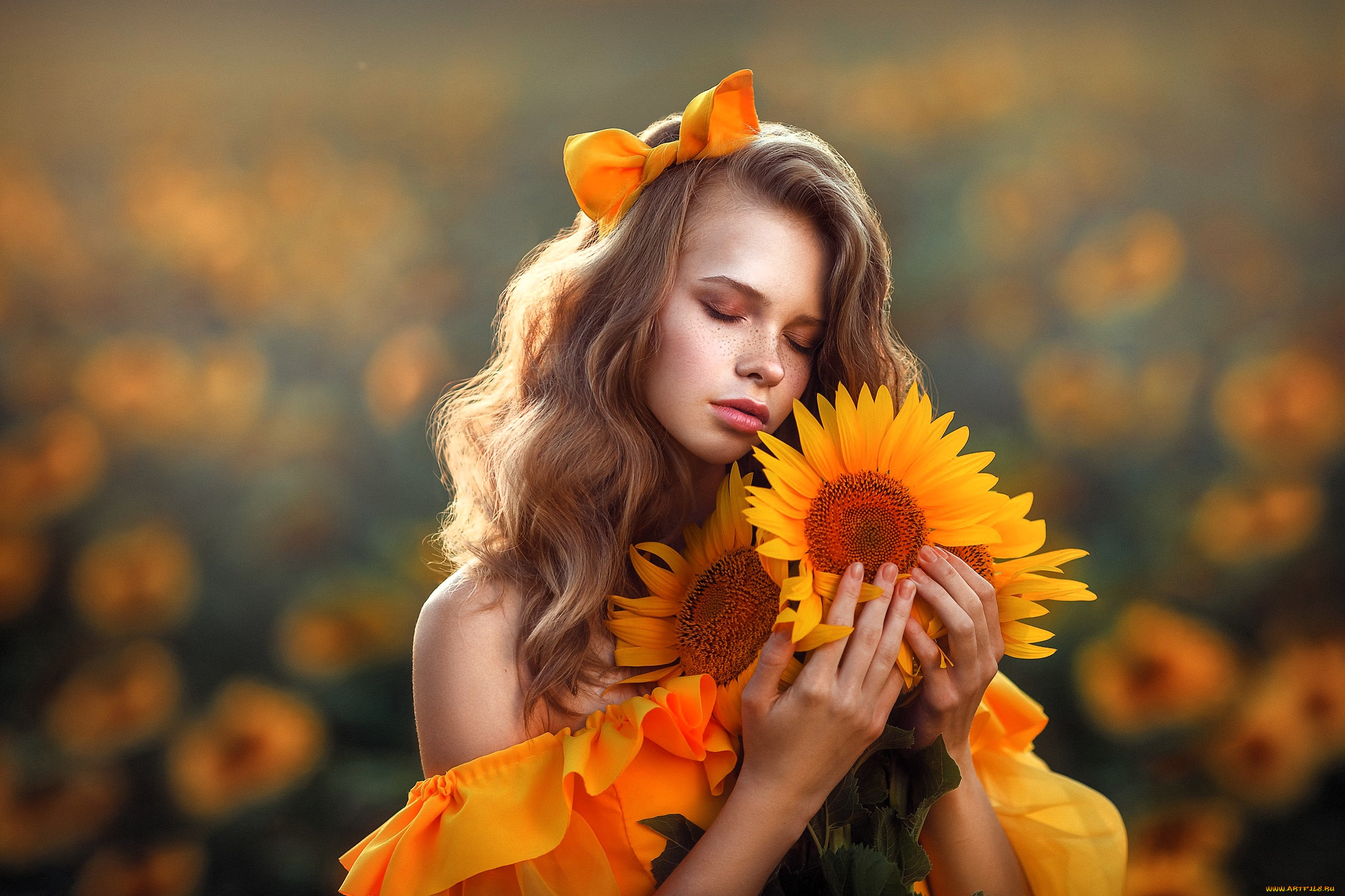 девушки, -, блондинки, , светловолосые, русая, бант, подсолнухи