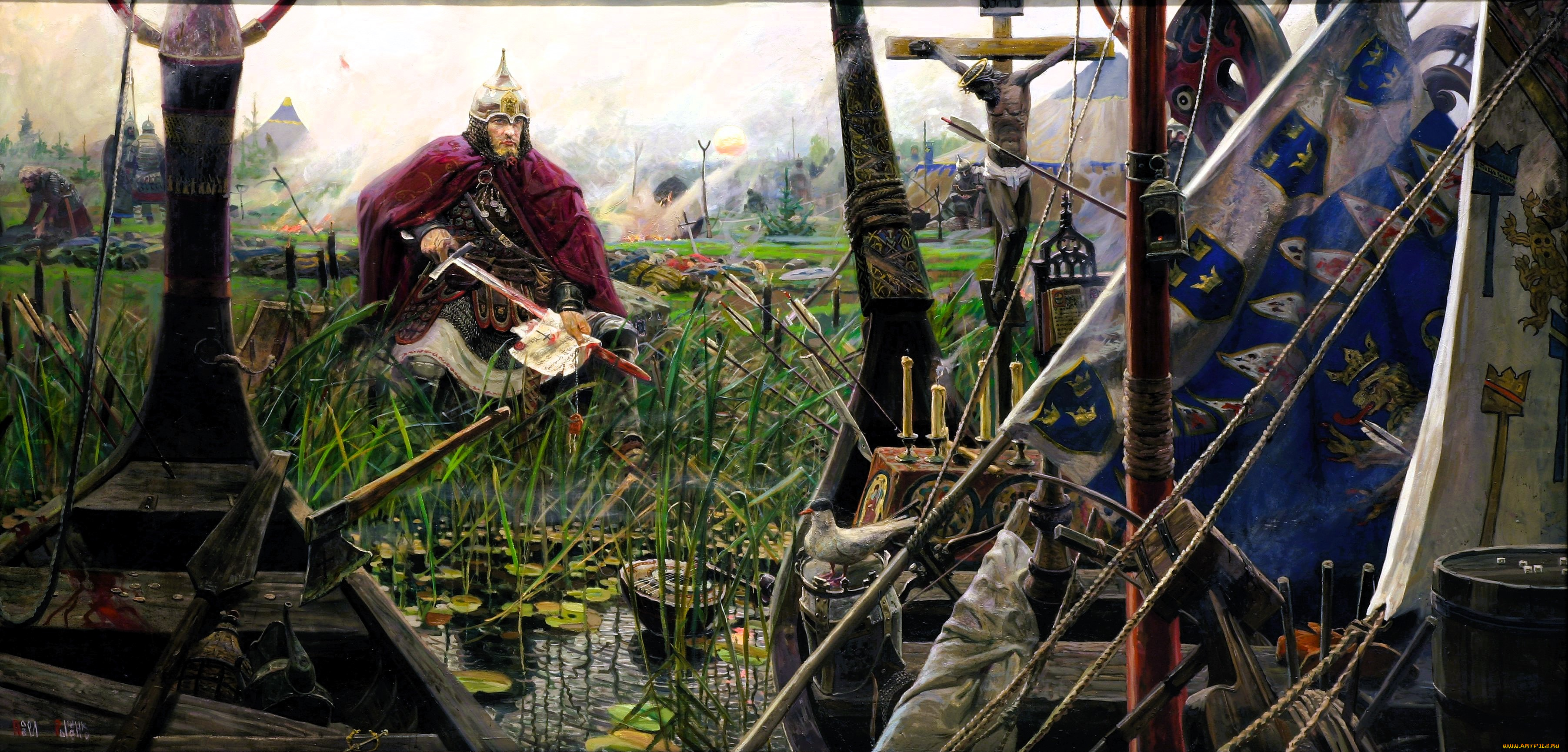 рисованное, павел, рыженко, воин, меч, кровь, трава, лагерь, река, ладьи