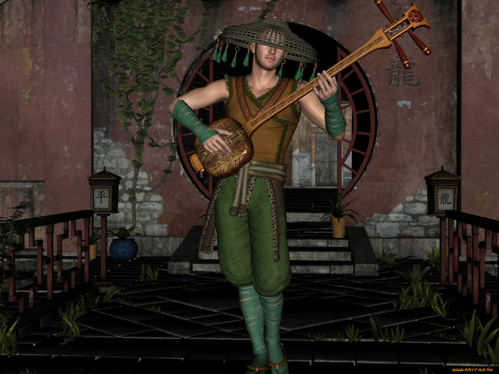 3д, графика, people, люди, трава, стена, мужчина