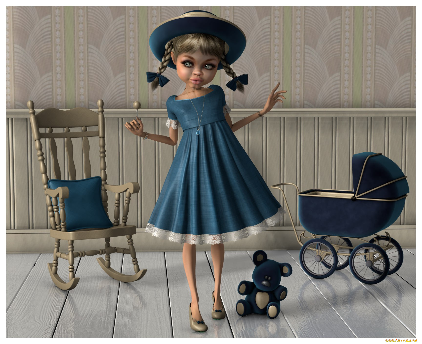 3д, графика, people, люди, коляска, стул, девочка, игрушка