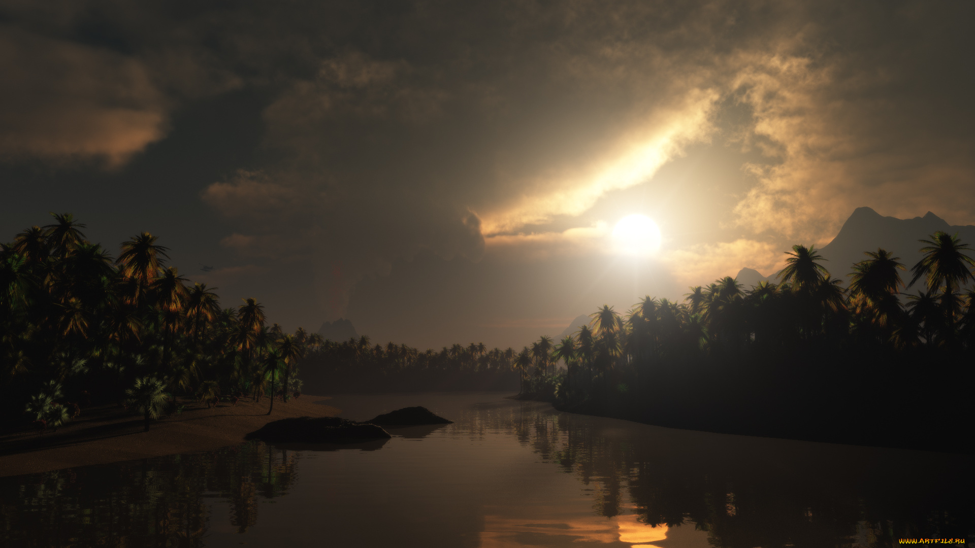 3д, графика, nature, landscape, природа, река, пальмы, вечер, облака