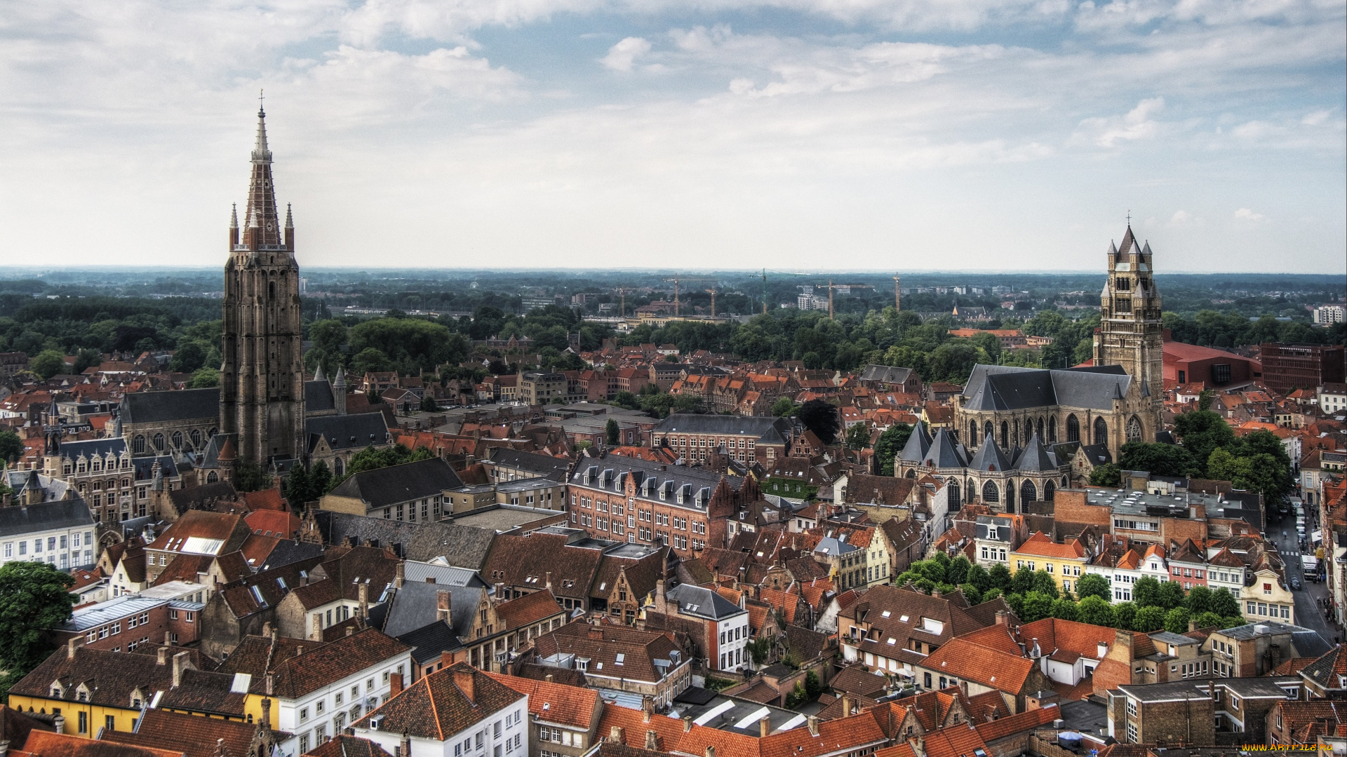 брюгге, бельгия, города, крыши, шпили, башни