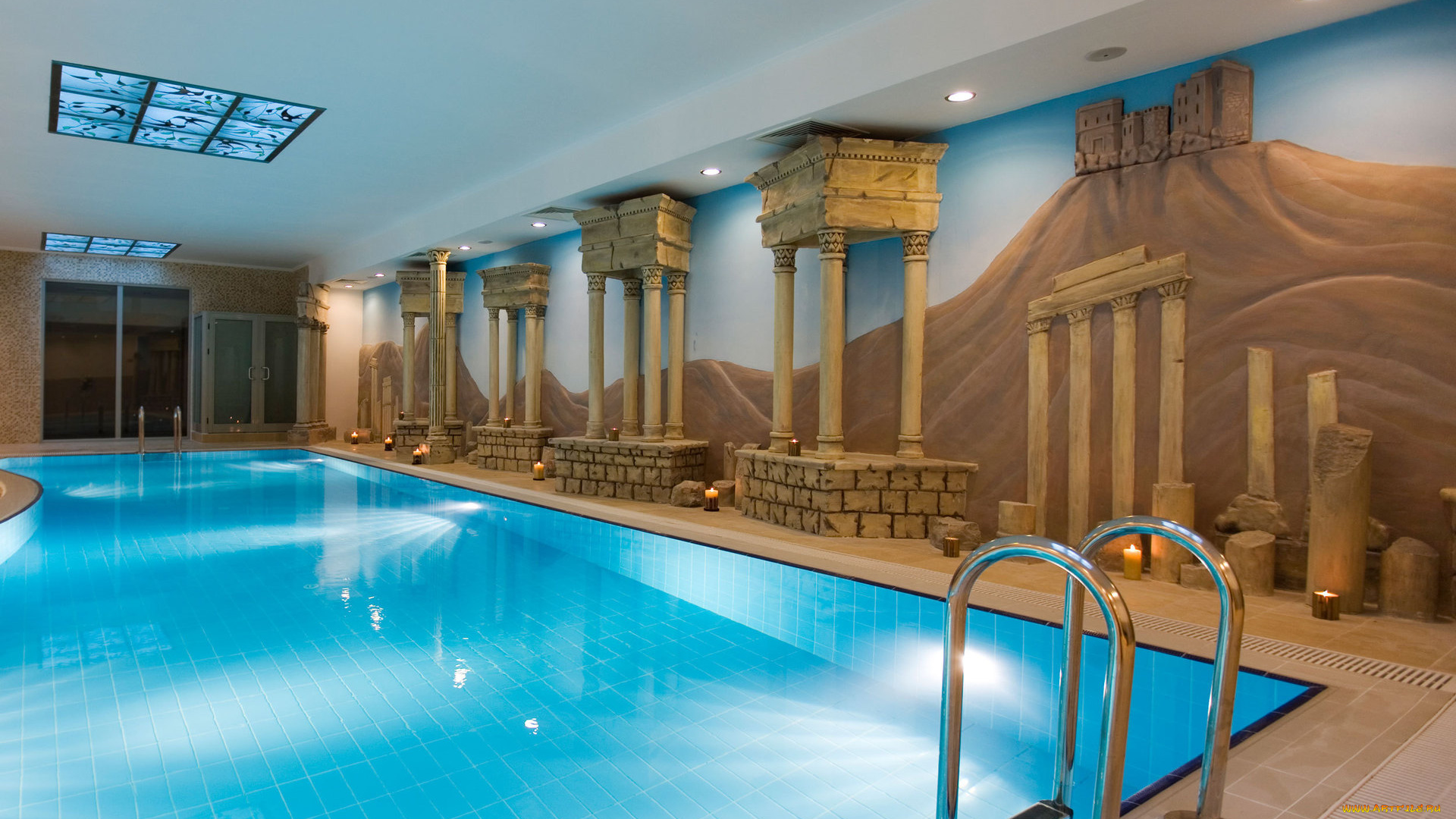 интерьер, бассейны, открытые, площадки, комната, кварира, дизайн, стиль, бассейн, вода, голубой, коричневый