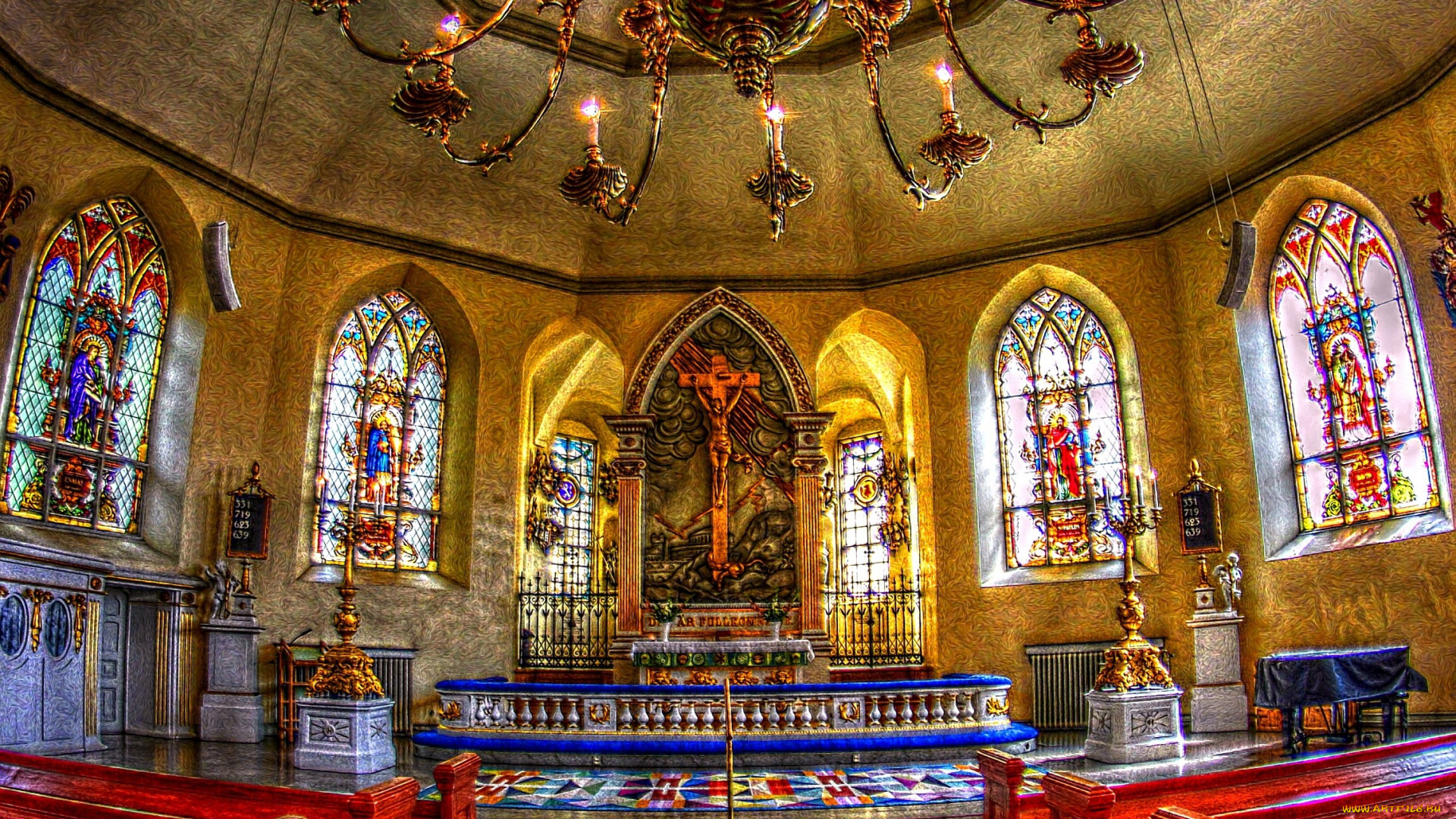 интерьер, убранство, роспись, храма, люстра, распятие, витражи