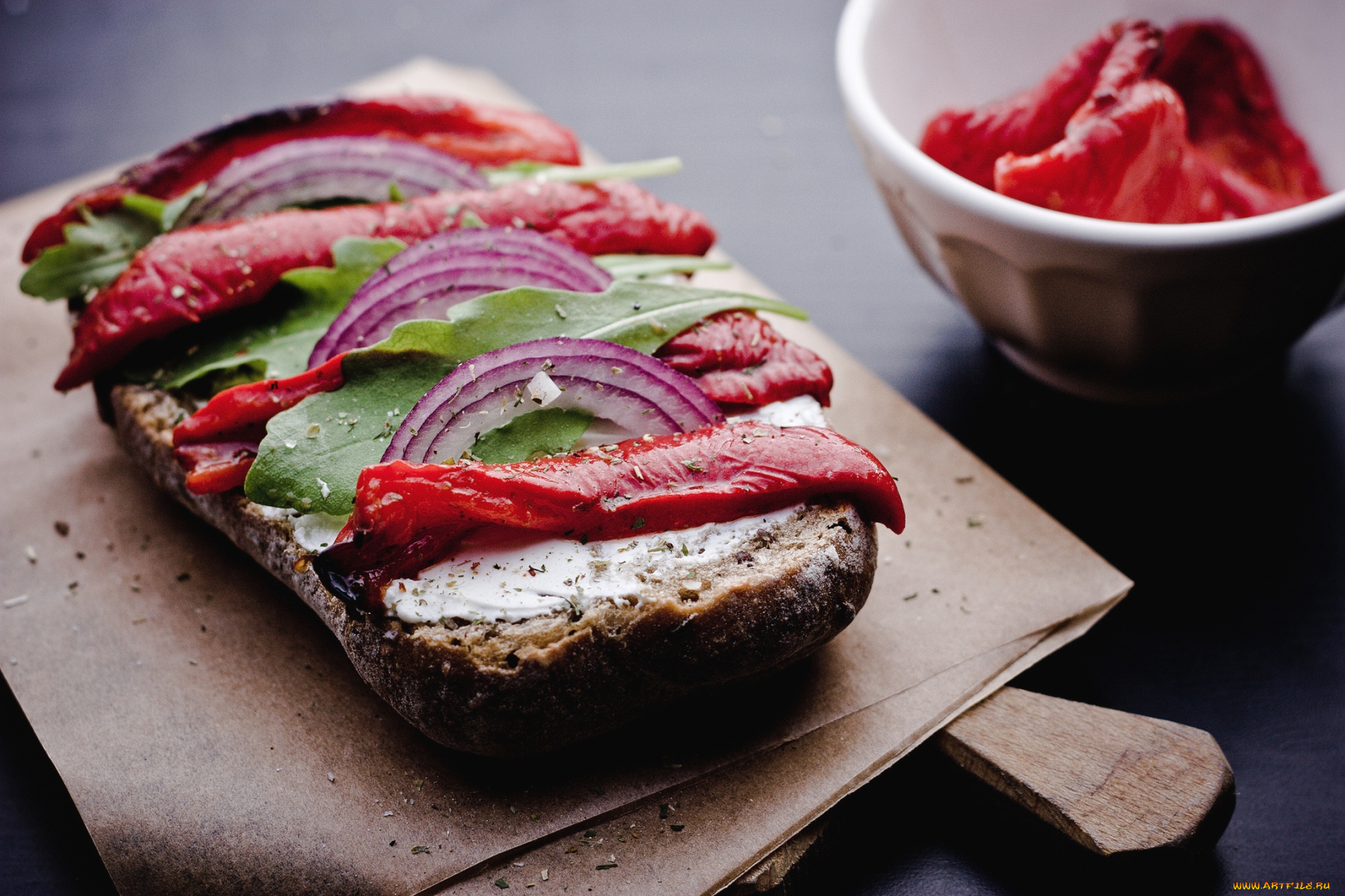 еда, бутерброды, гамбургеры, канапе, брускетта, перец, лук