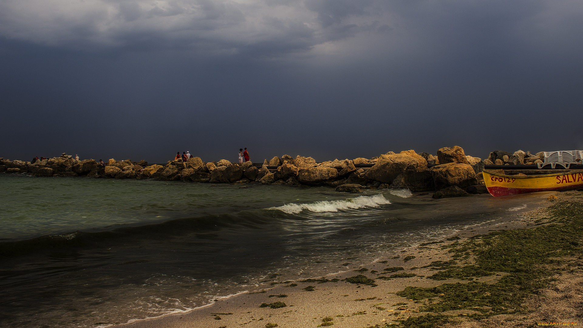 beach, природа, побережье, лодка, океан, берег, волна, вечер, фигуры