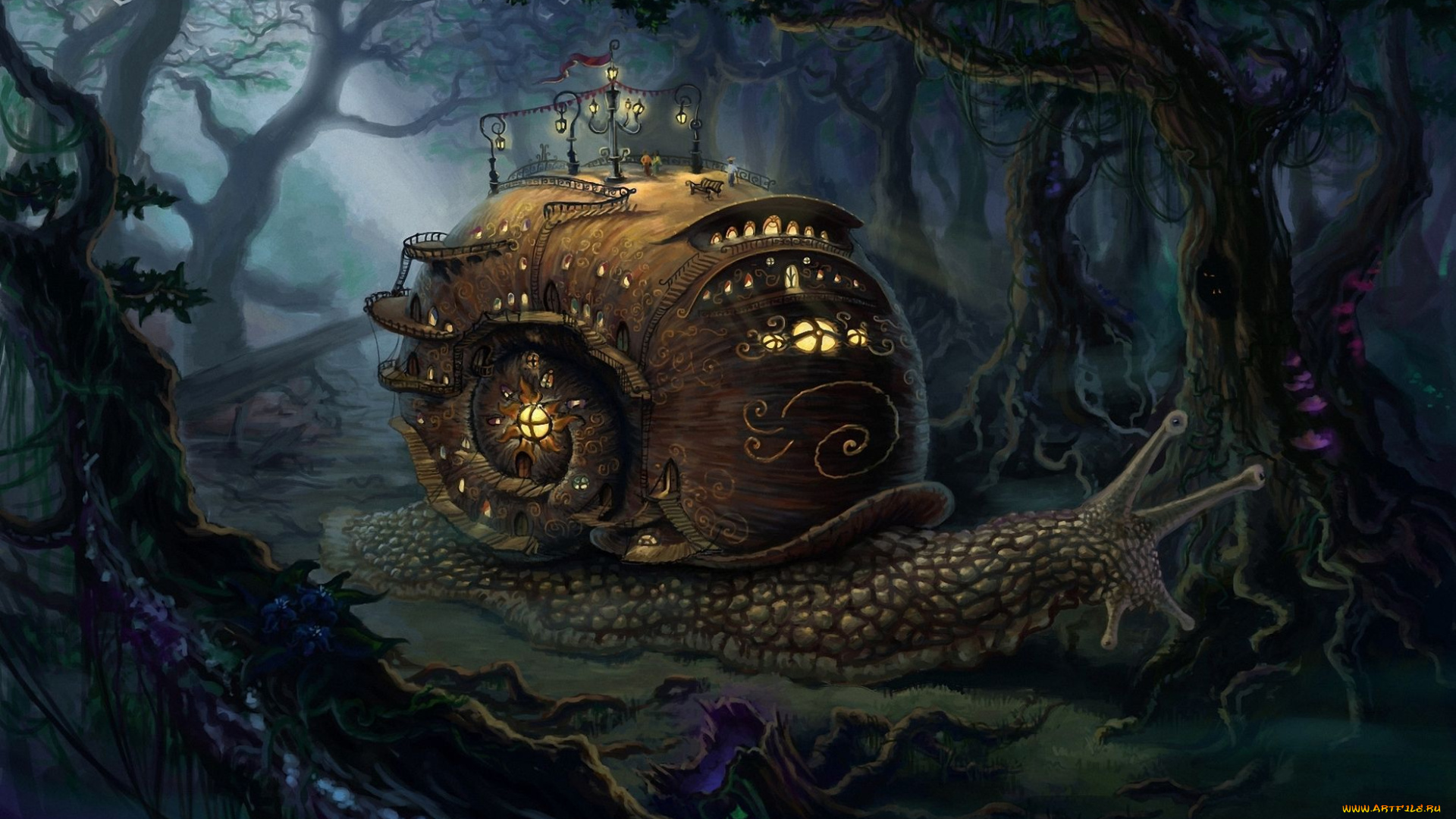 фэнтези, существа, лес, домик, улитка