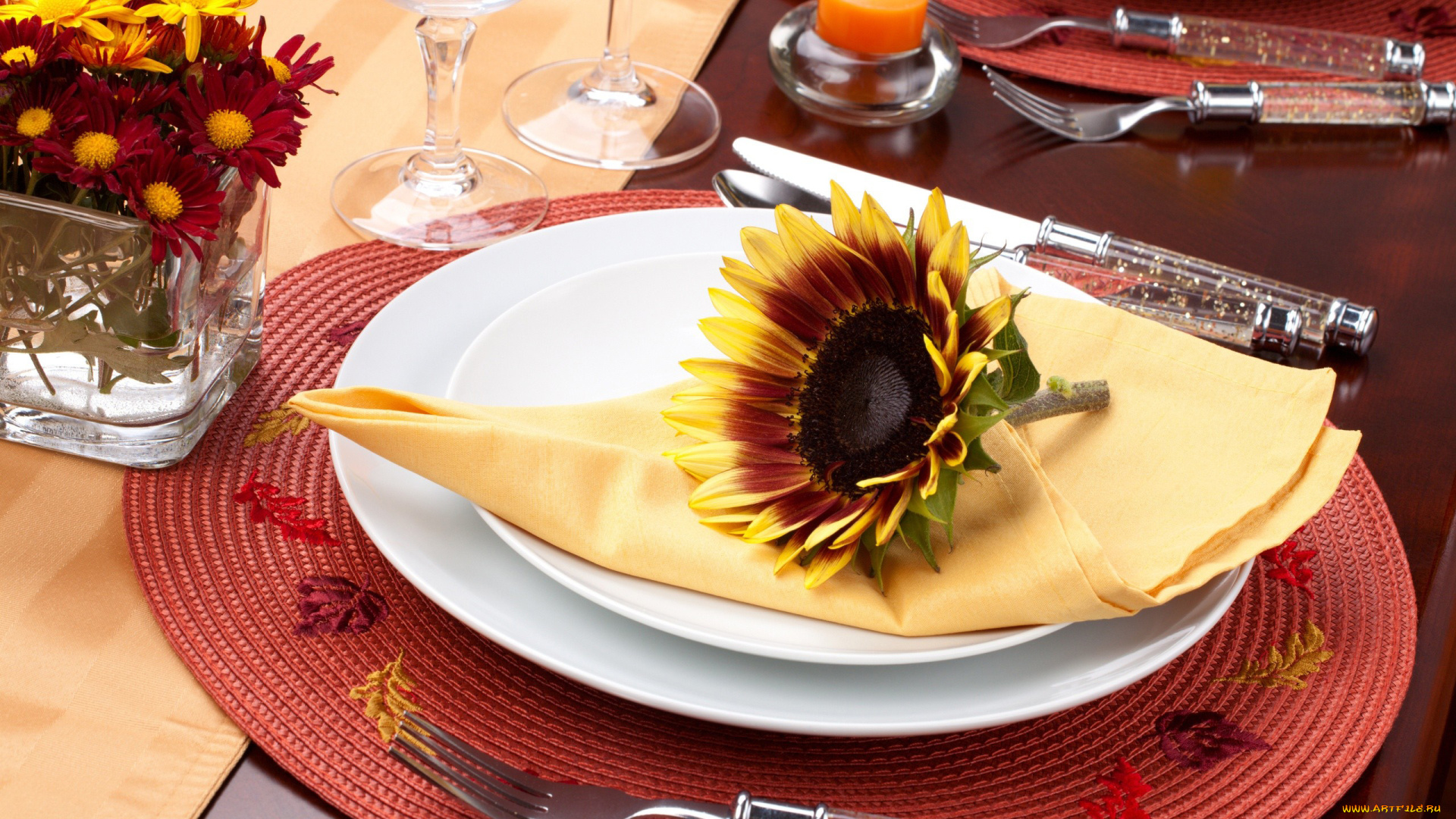 интерьер, декор, отделка, сервировка, свеча, приборы, букет