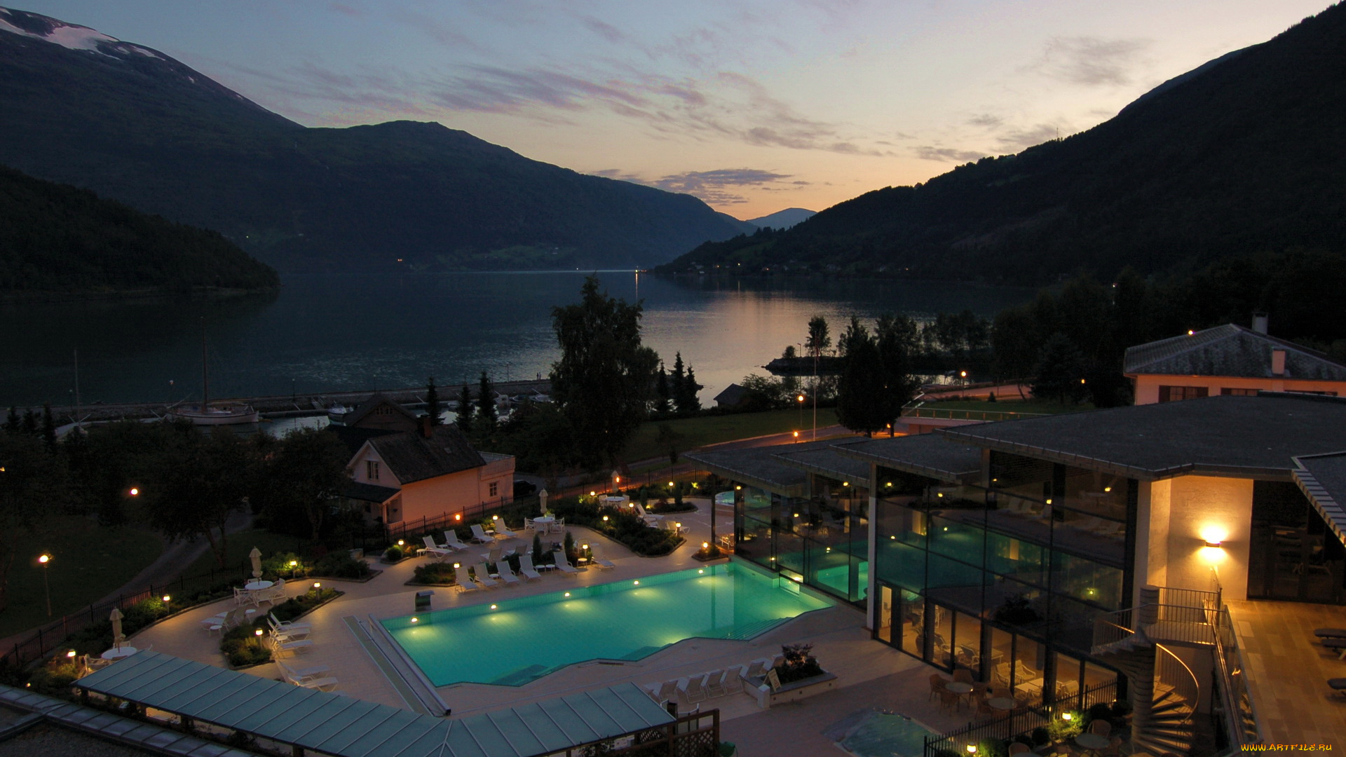 норвегия, согн, ог, фьюране, loen, интерьер, бассейны, открытые, площадки, ночь, горы, река, дома