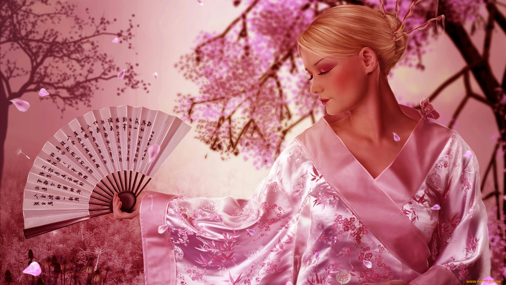 orina, kafe, фэнтези, девушки, веер, сакура, кимоно