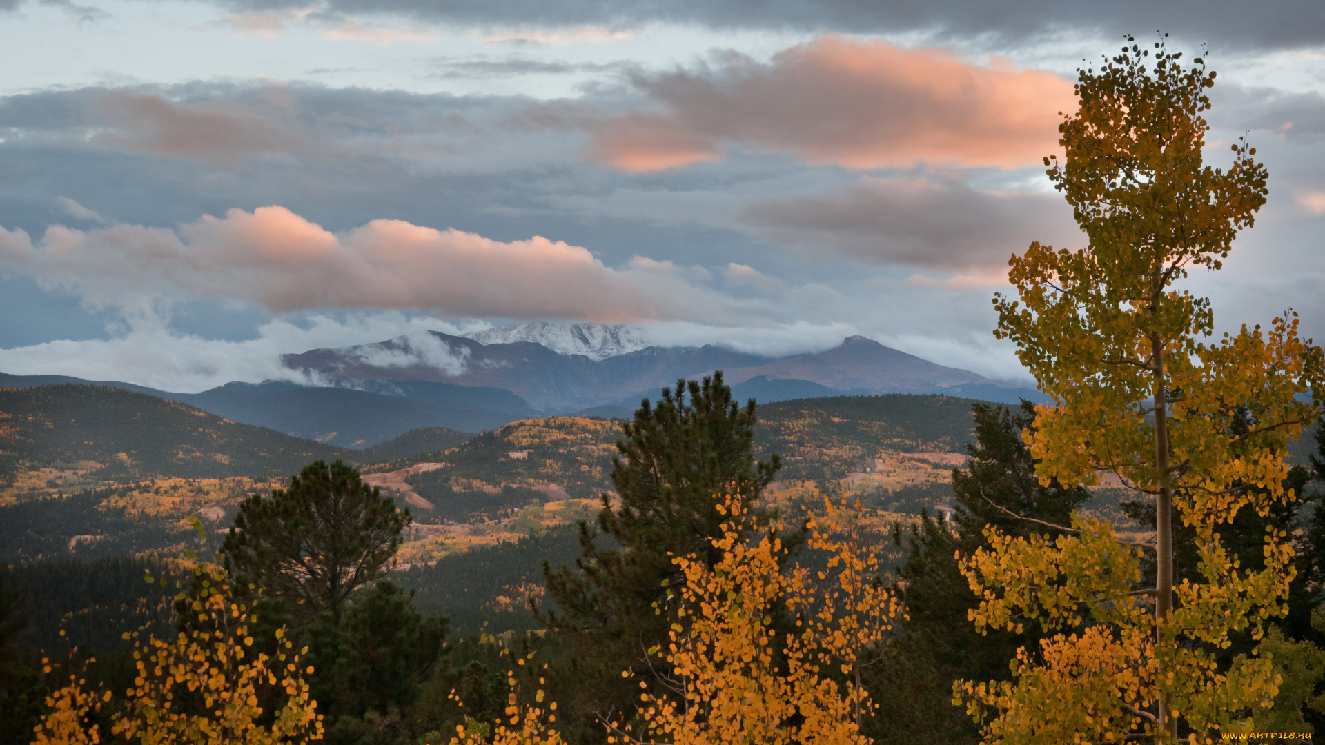 природа, горы, облака, деревья, пейзаж, осень