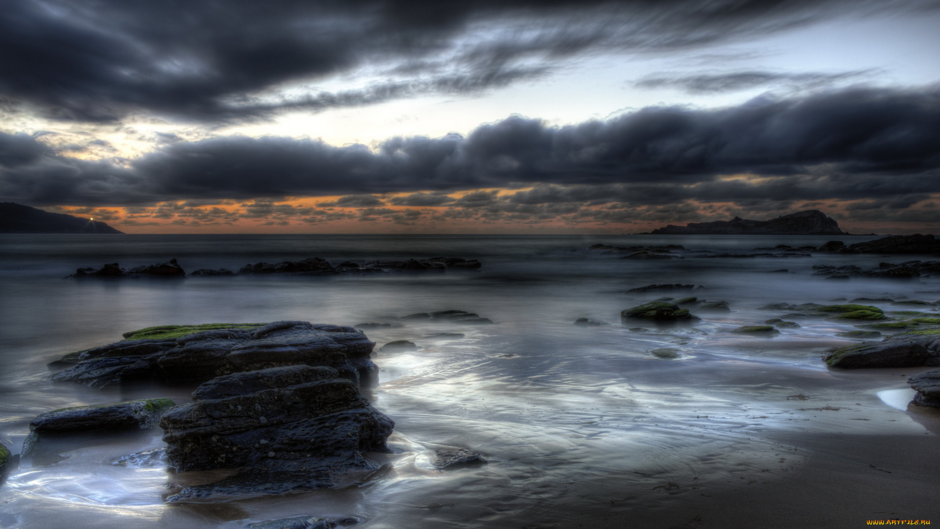природа, побережье, берег, тучи, камни, море