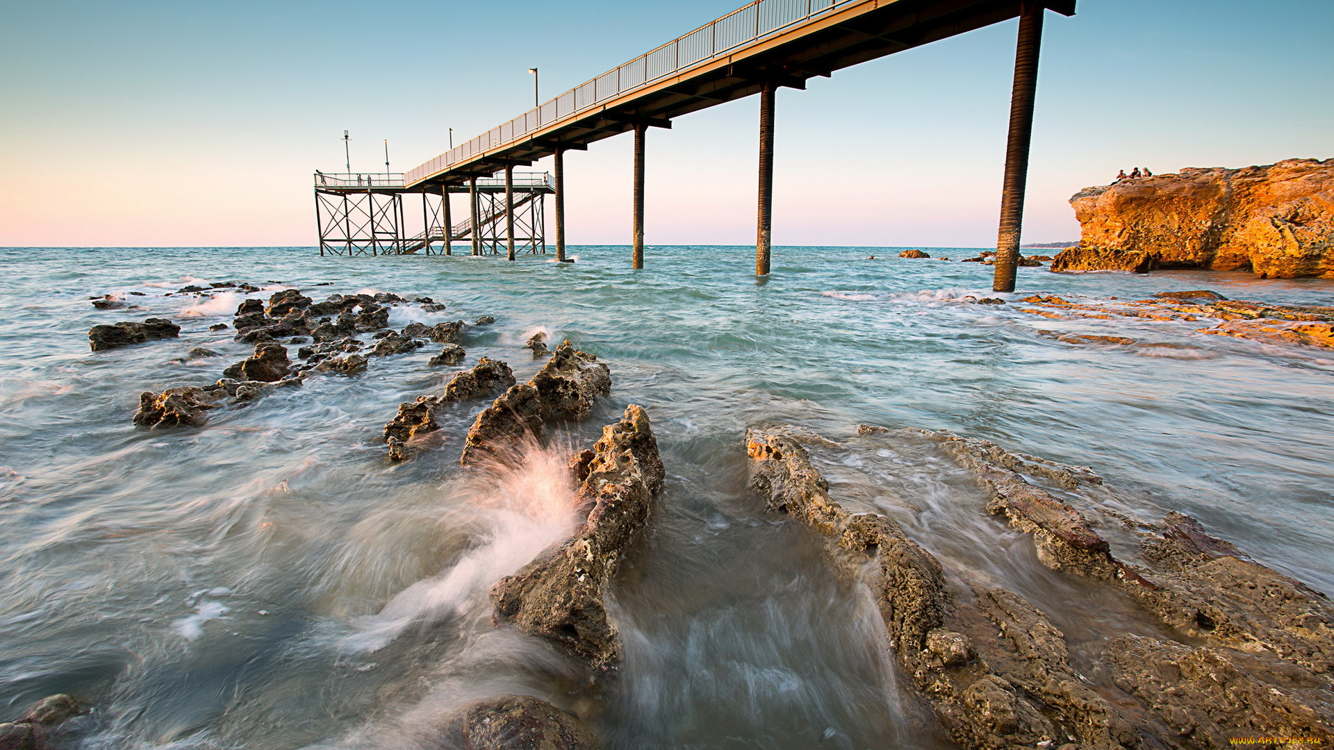 природа, побережье, море, мост, лето, пейзаж