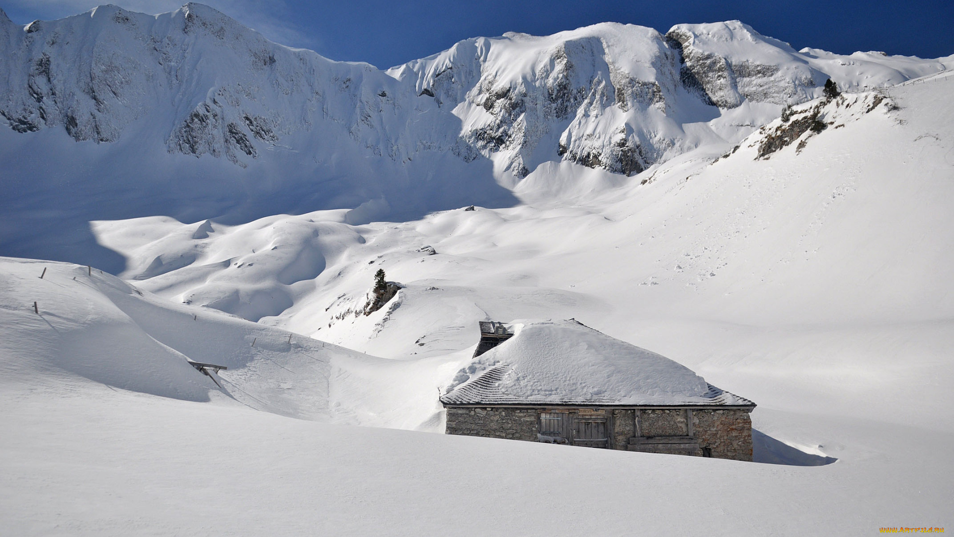 природа, зима, снег, горы, дом