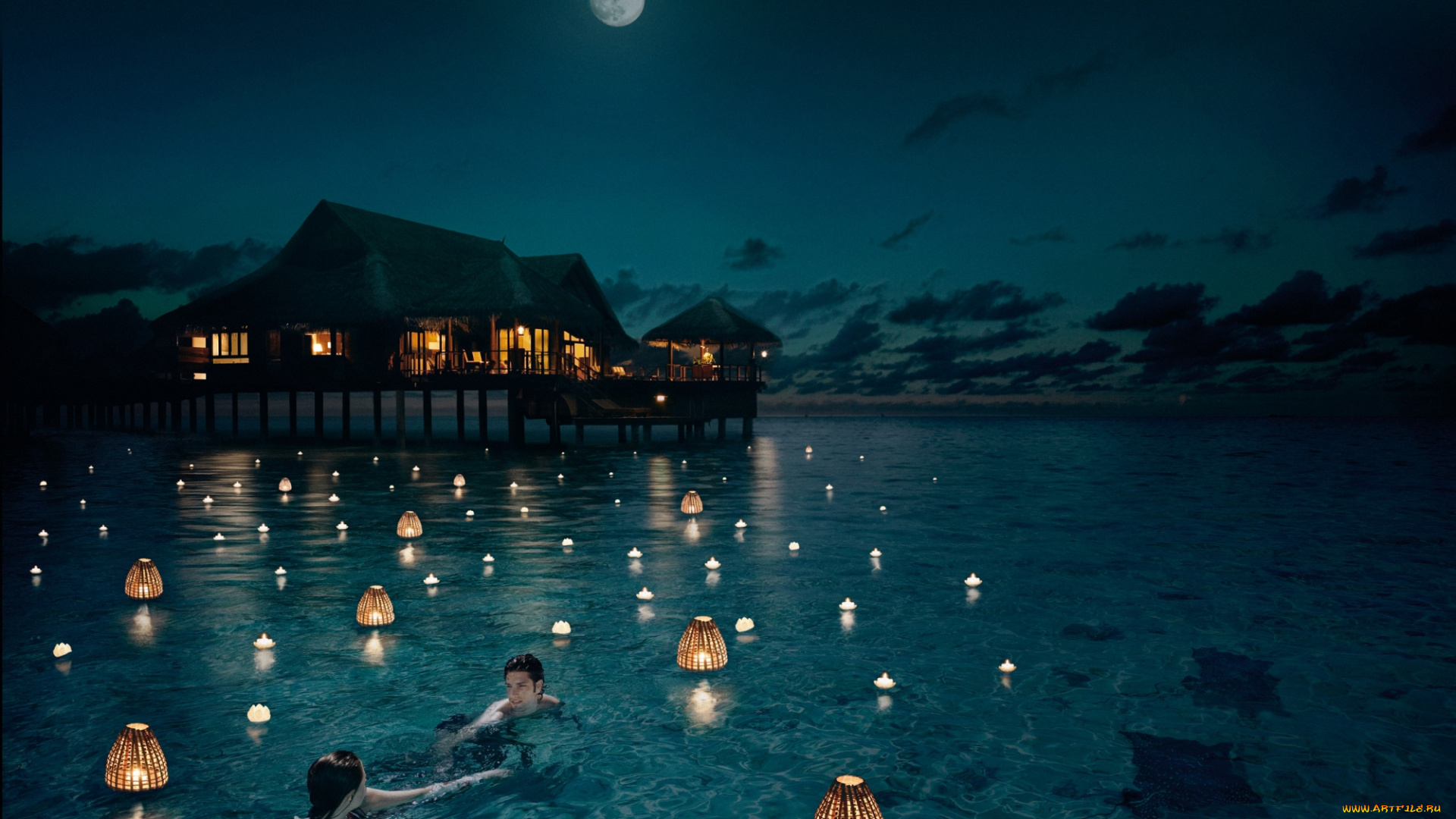 разное, мужчина, женщина, пара, ночь, вода, фонарики, романтика, плавание