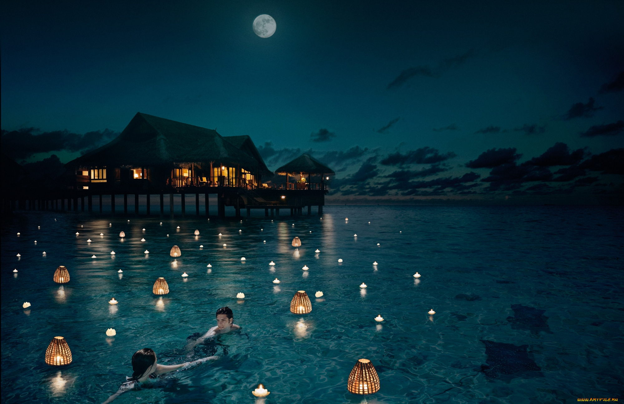 разное, мужчина, женщина, пара, ночь, вода, фонарики, романтика, плавание