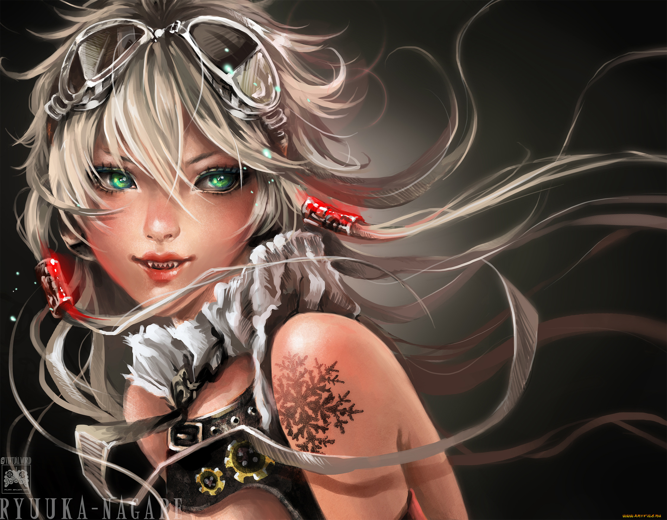 фэнтези, девушки, волосы, зеленые, глаза, очки, девушка, татуировка, заколки