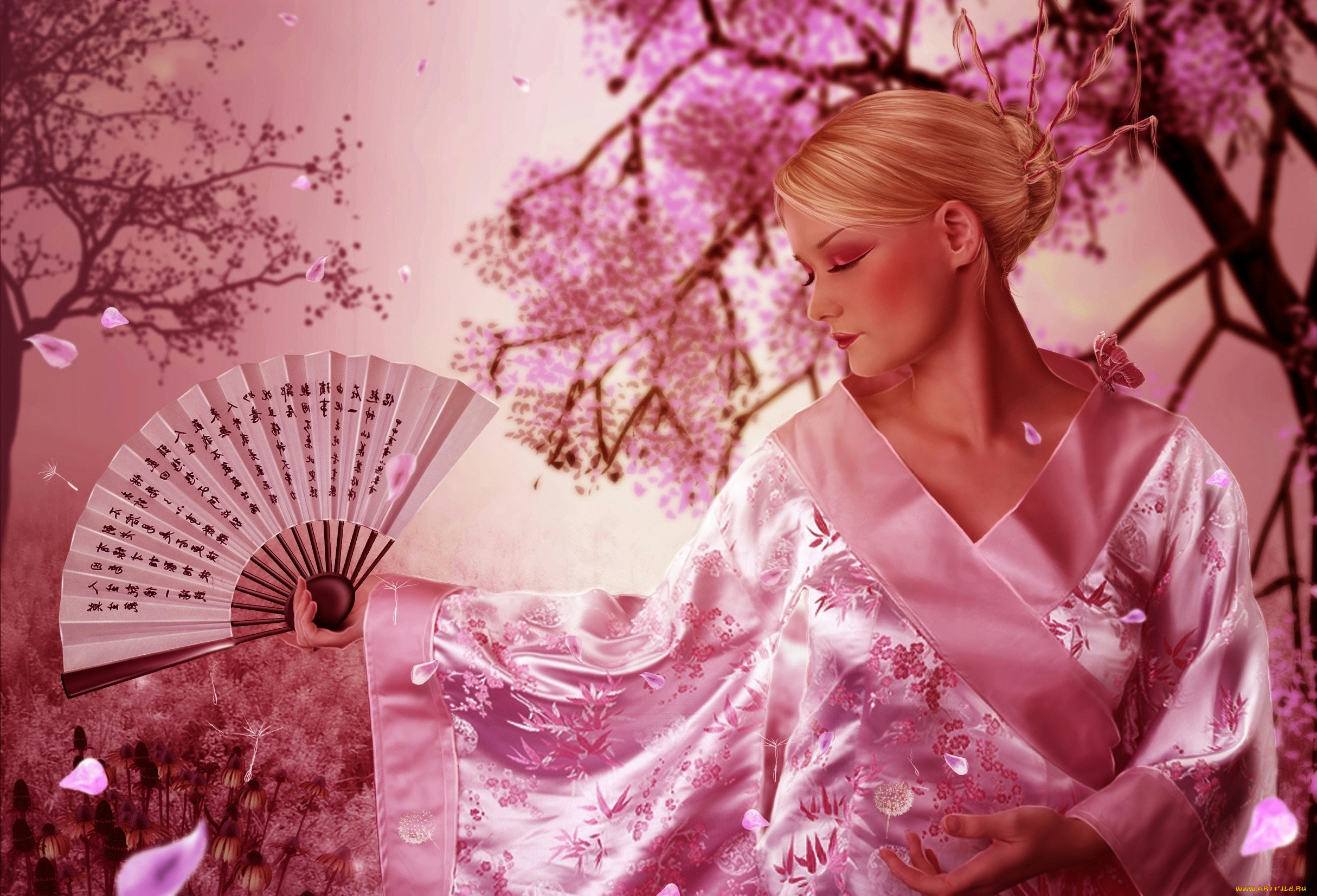 orina, kafe, фэнтези, девушки, веер, сакура, кимоно