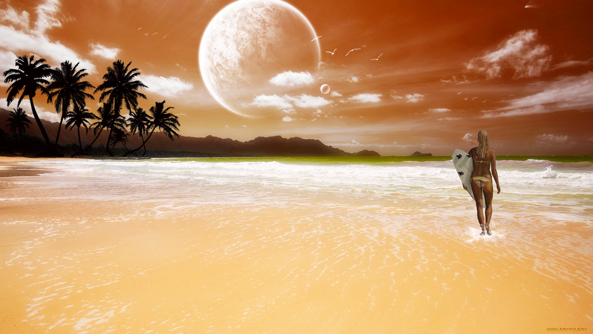3д, графика, atmosphere, mood, атмосфера, настроения, пляж, океан, доска, девушка, облака, планеты, пальмы
