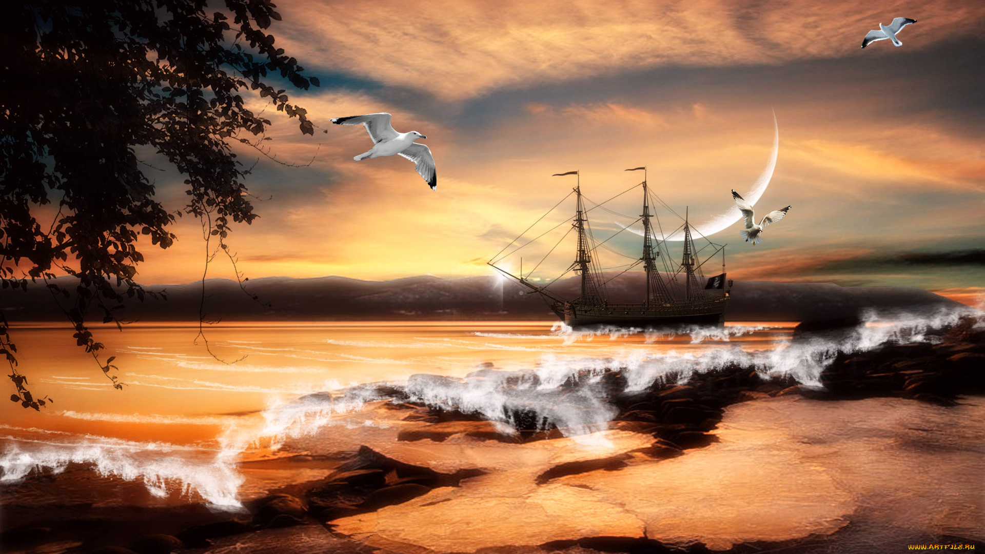 3д, графика, fantasy, фантазия, шторм, корабль, чайки, океан, волны, скалы