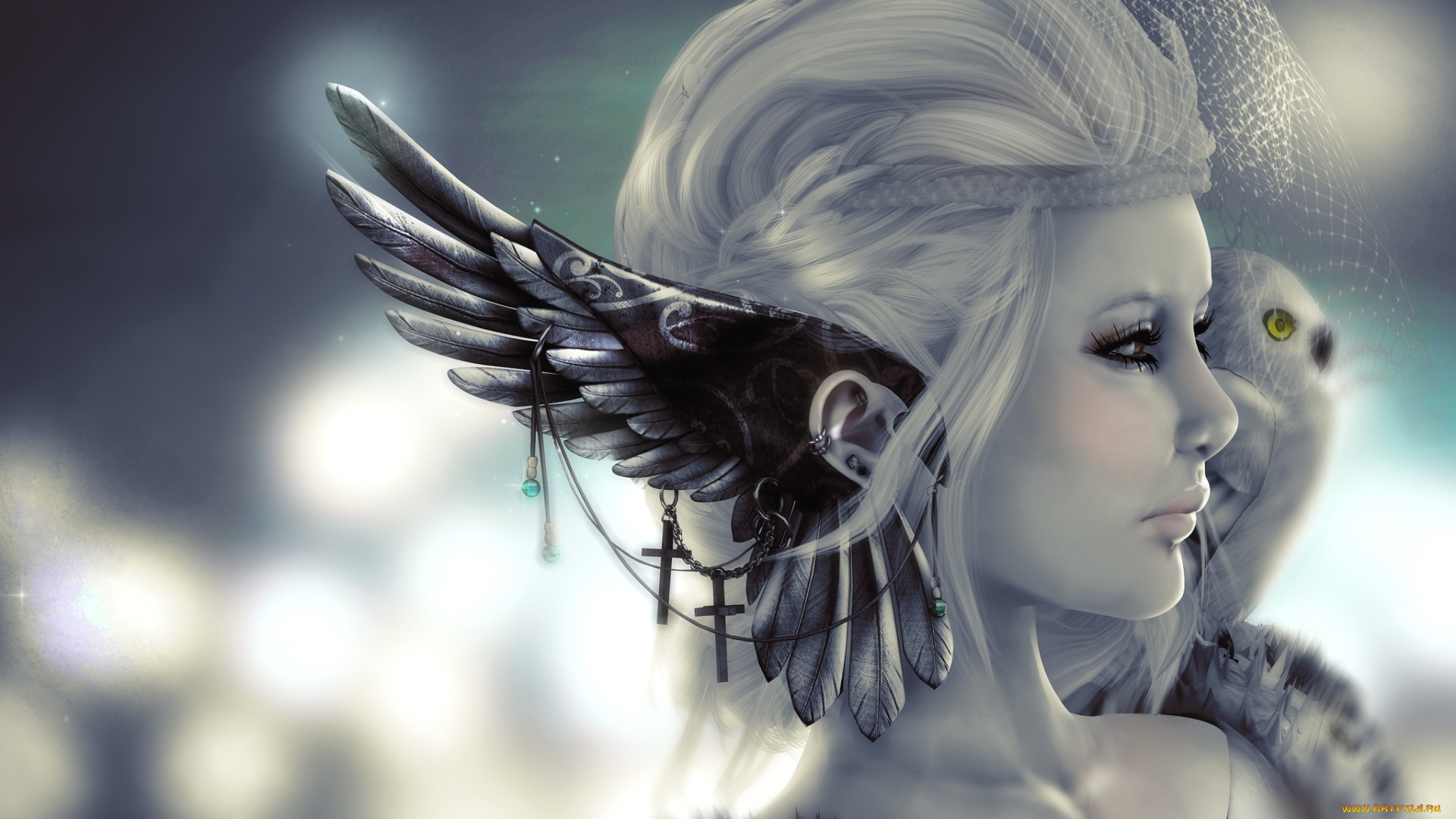 3д, графика, fantasy, фантазия, сова, девушка